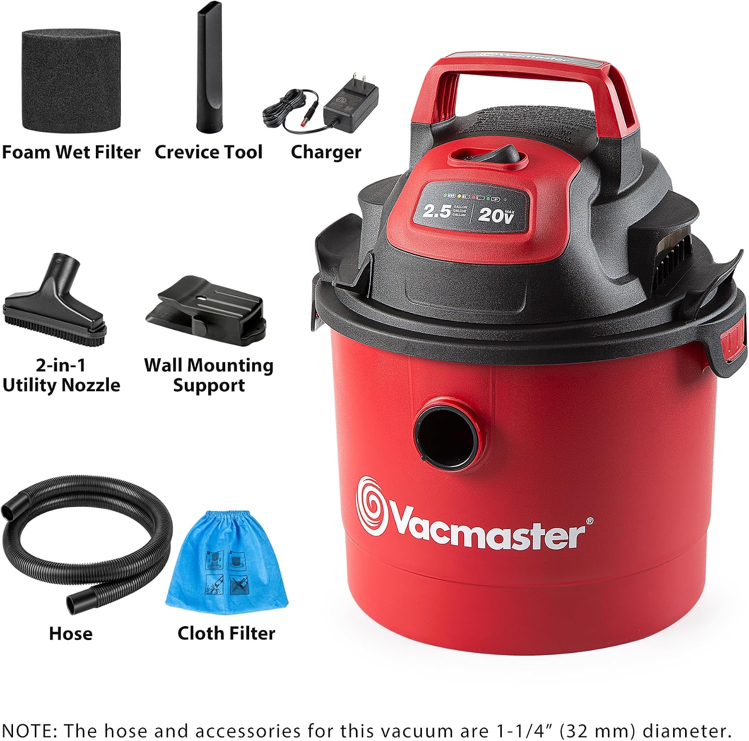 Vacmaster VOM205P 1101 2.5-Gal 2 Peak HP Wall Mount Wet/Dry Vacuum Red