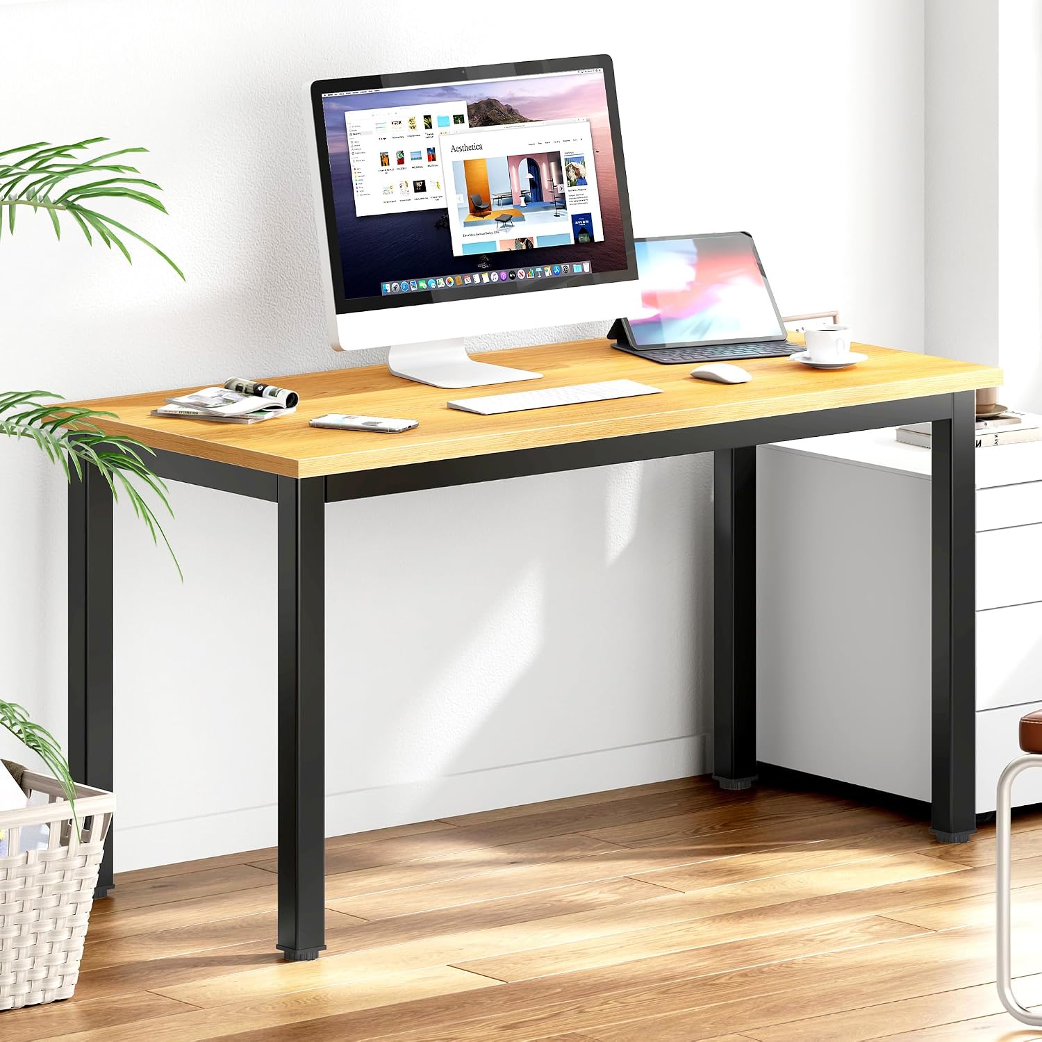 DlandHome 47 inches Medium Computer Desk for Bedroom, Retro
