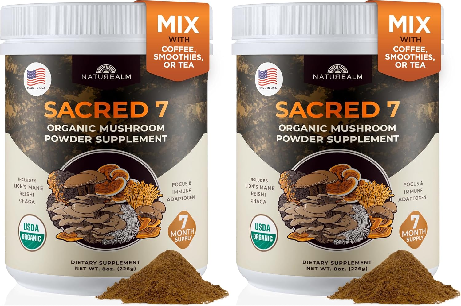 Sacred 7 Brain Mushroom Powder, Organic 7-in-1 Blend 226 Servings | Seven fruiting body extracts, lions mane cordyceps reishi, stirs into coffee or smoothies, 1000 mg scoop