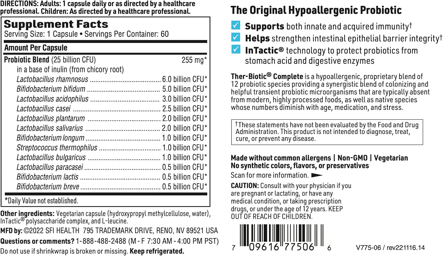 Klaire Labs SFI Health Ther-Biotic Complete, 60 Count | 12 Strain Probiotic Capsules for Digestive and Immune Support, 25 Billion CFU Gut Health Supplement, Hypoallergenic Formula
