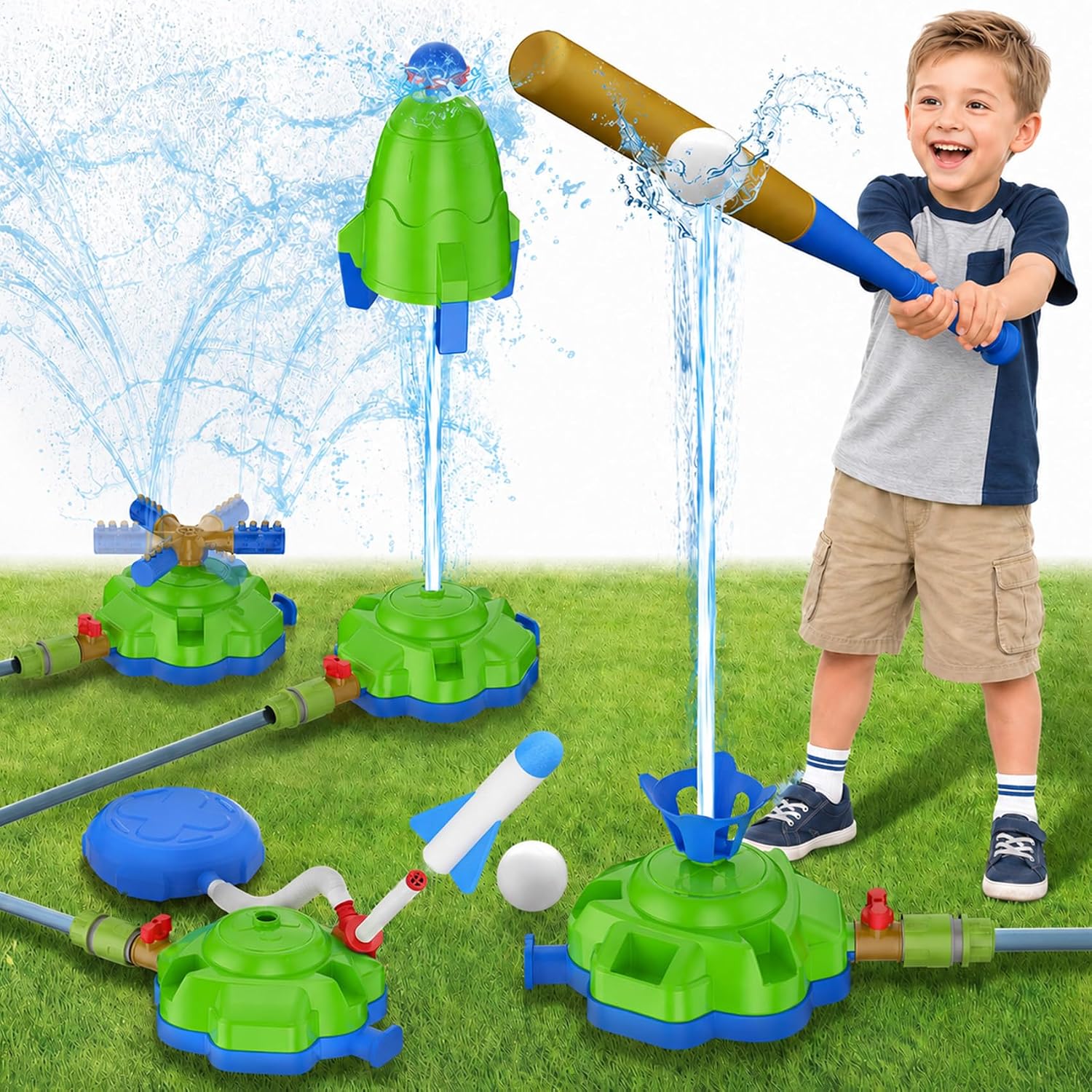 4-in-1 Kids Water Sprinkler Toys for Outdoor Play – Foot Pump Rocket, Water Spray Rocket