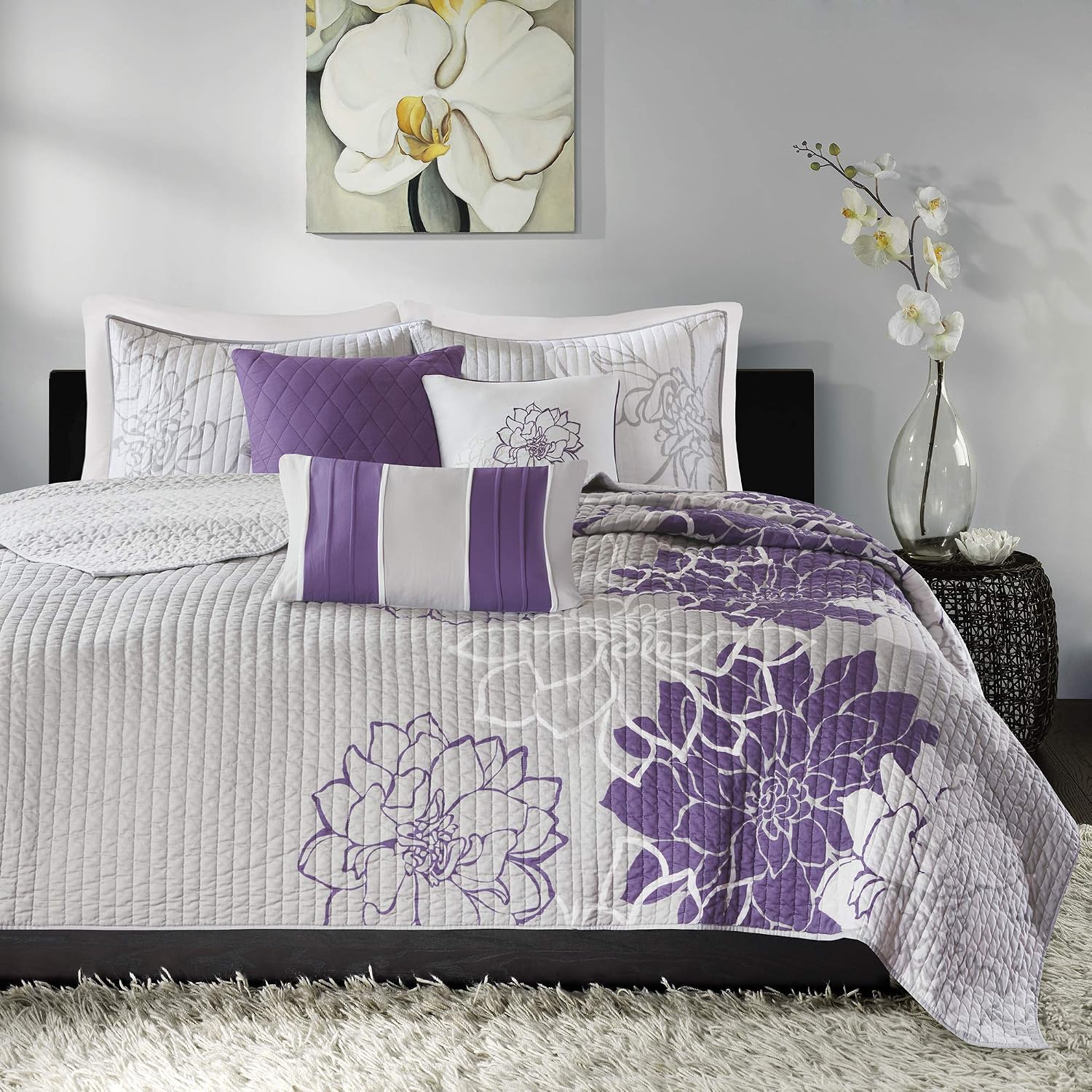 Madison Park Cotton Casual Floral Quilt Set, 6PC Full/Queen Coverlet | Channel Stitching Design, All Season, Lightweight Coverlet Bedspread Bedding, Shams, Decorative Pillows, Taupe Grey/Purple
