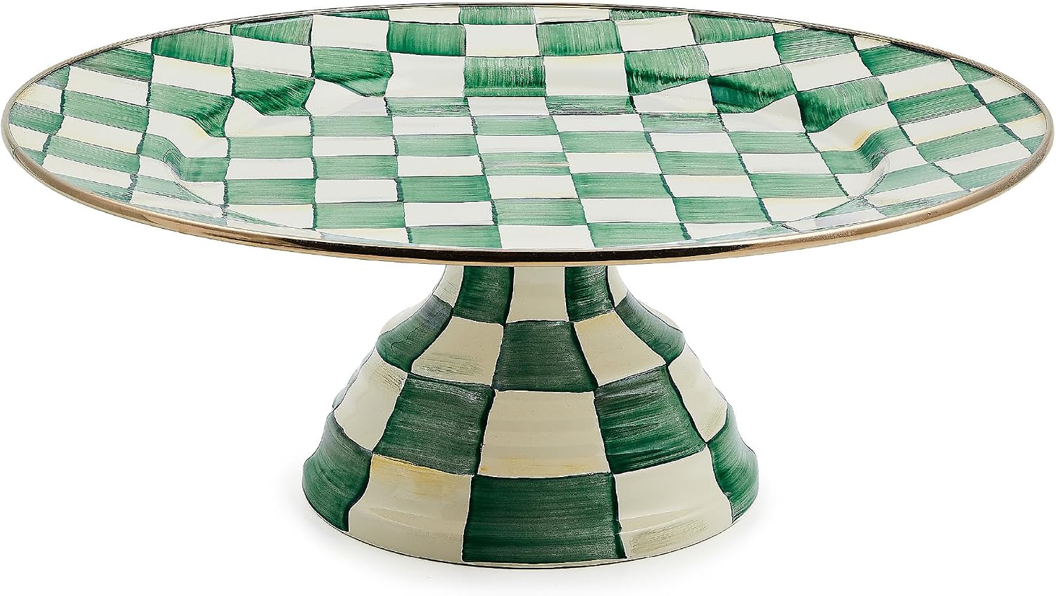MACKENZIE-CHILDS Pedestal Platter, Mini, Black-and-White Courtly Check | Hand-painted design, made from enameled steel, stackable round cake stand for serving desserts, 8" dia. x 3" H