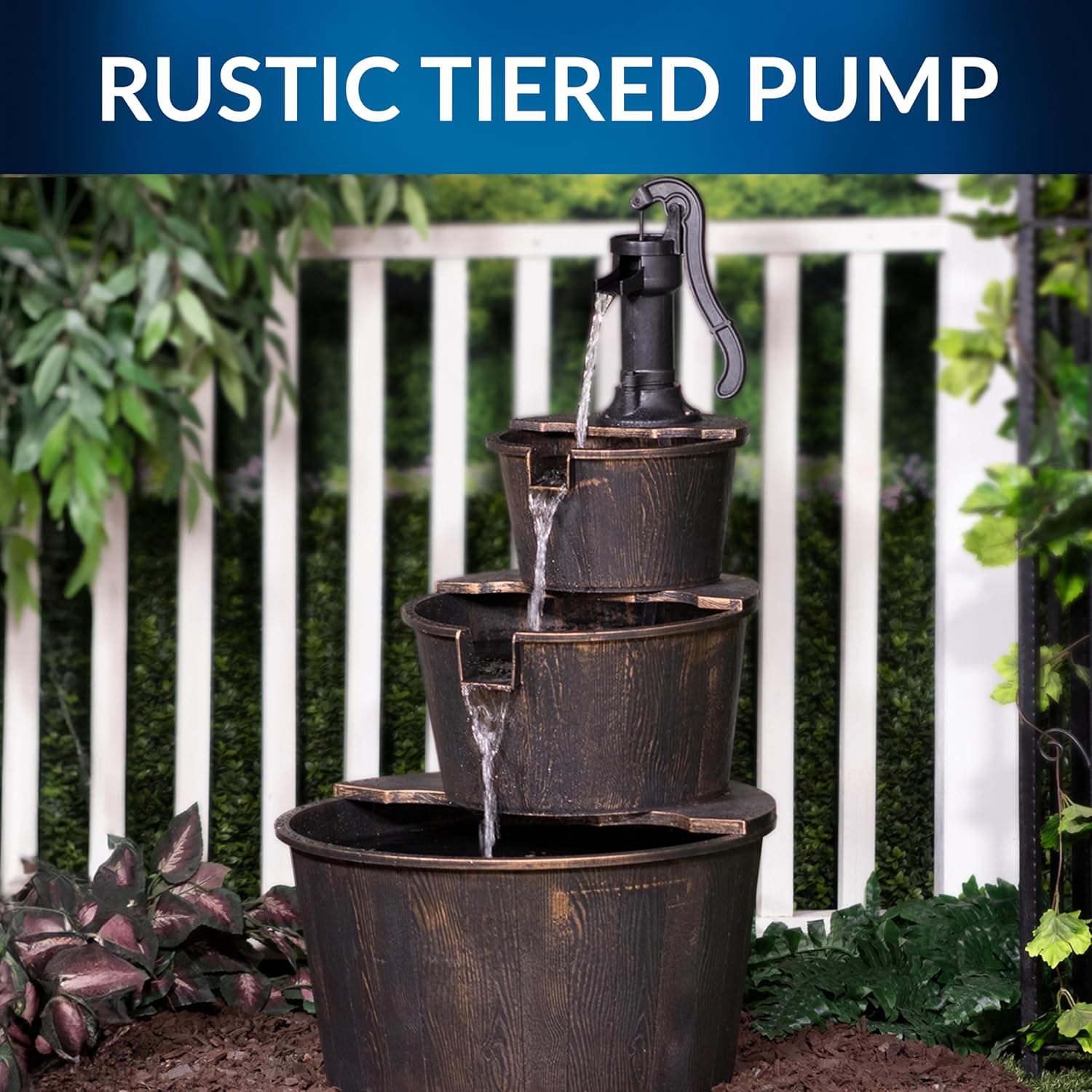 Alpine Corporation 40" Tall Outdoor Floor Tiered Rustic Pump and Barrel Water Fountain, Old-Fashioned Waterfall for Garden, Patio, Yard Decor