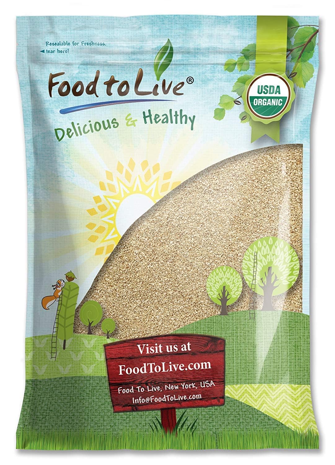 Food to Live Organic Hulled Sesame Seeds, 2 Pounds – Whole Raw White Sesame Seeds, Non-GMO, Kosher, Vegan, Unroasted, Bulk. High in Iron, and Calcium. Perfect for Tahini Paste, Stir-fries, and Salads.