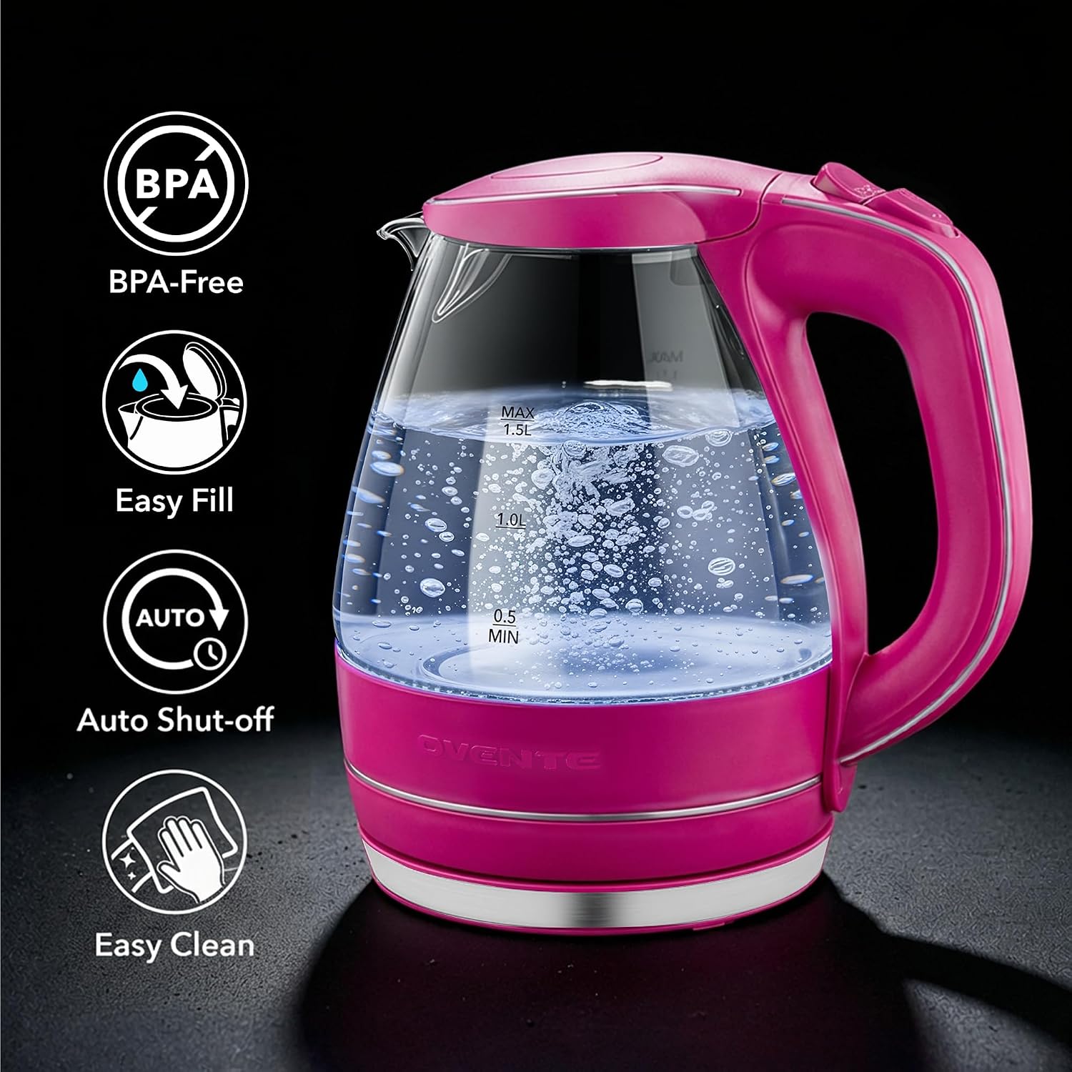 OVENTE 1.5L Glass Electric Kettle Water Boiler, Black KG83B | 1100W Fast Boiling, Borosilicate Glass, BPA-Free, Blue LED, Auto Shut-Off, Boil-Dry Protection, Removable Filter, 360° Base