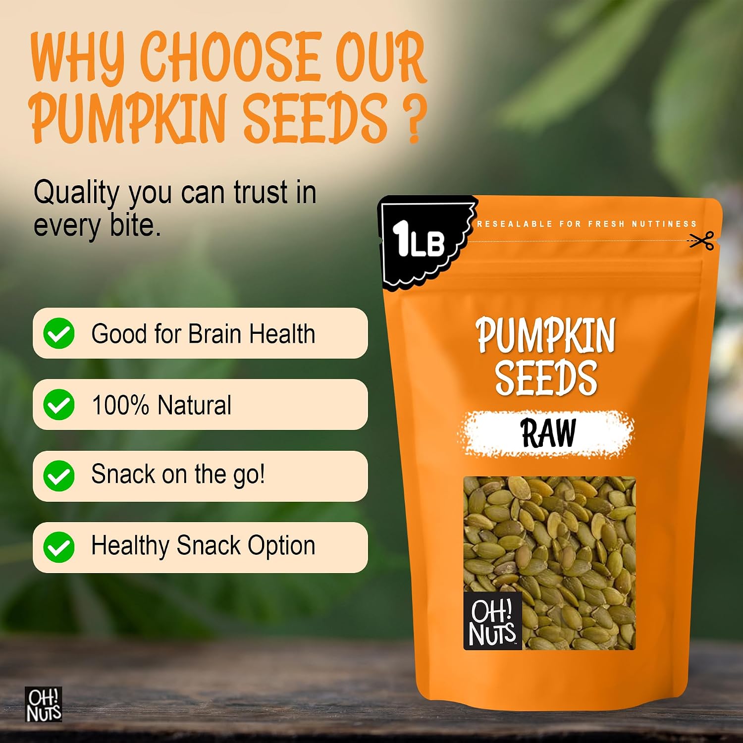 Oh! Nuts Raw Pumpkin Seeds Unsalted Pepitas 1 Pound - 100% Natural | Raw pumpkin seeds unsalted - 100% natural organic pepitas to eat - No shell - Packed in NY - Resealable zip-seal bag