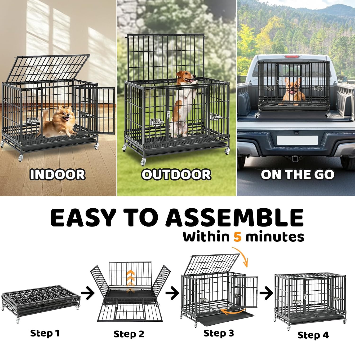 Homey Pet Taller 43" Heavy Duty Double Dog Crates with Divider & Dual Door | Drop Cage for Dogs with Lockable Wheels, Bowls, Removable Tray, Top Access, Ideal for Small to Medium & Large Dogs, Breeders