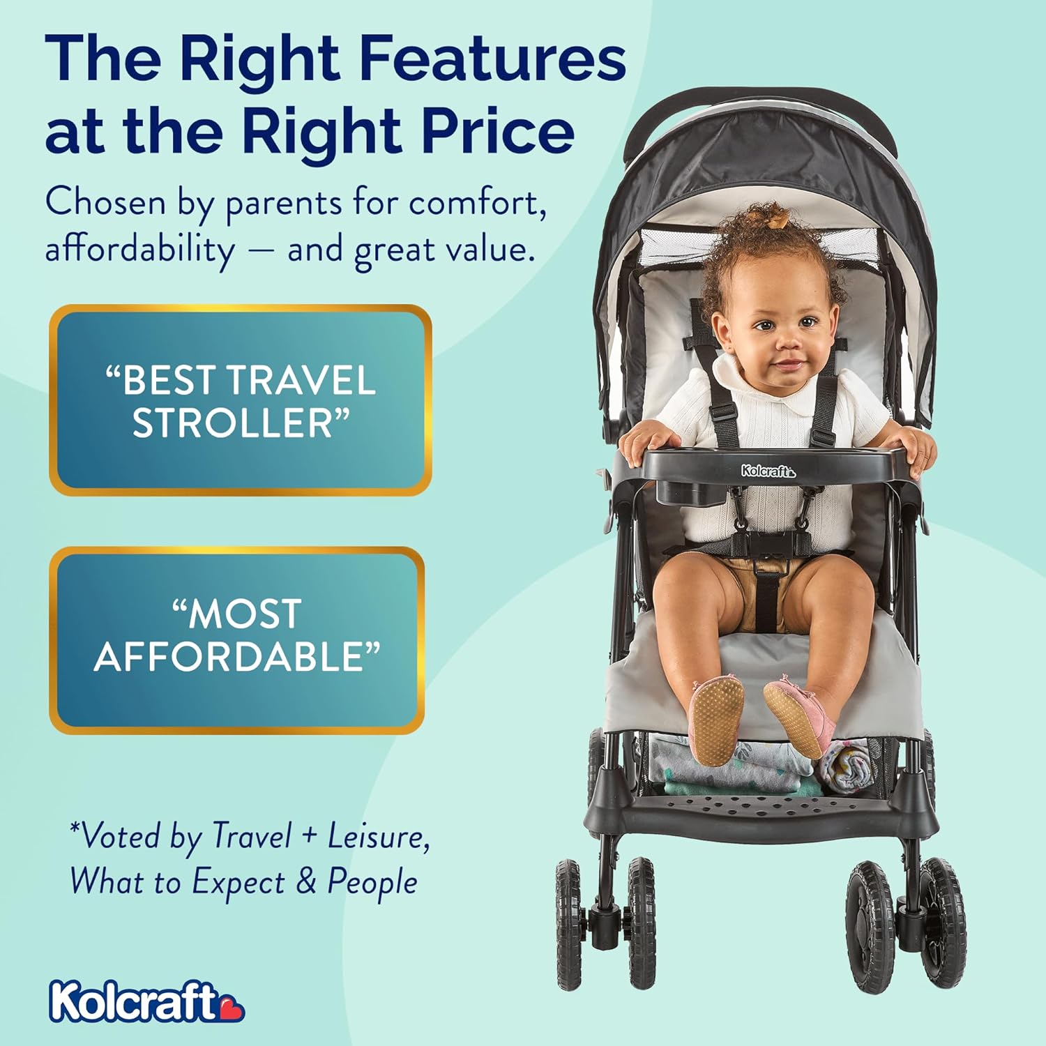 Kolcraft Cloud Plus Lightweight Umbrella Stroller for Toddlers with Reclining Seat, Large Storage Basket, Canopy, Infant & Parent Trays