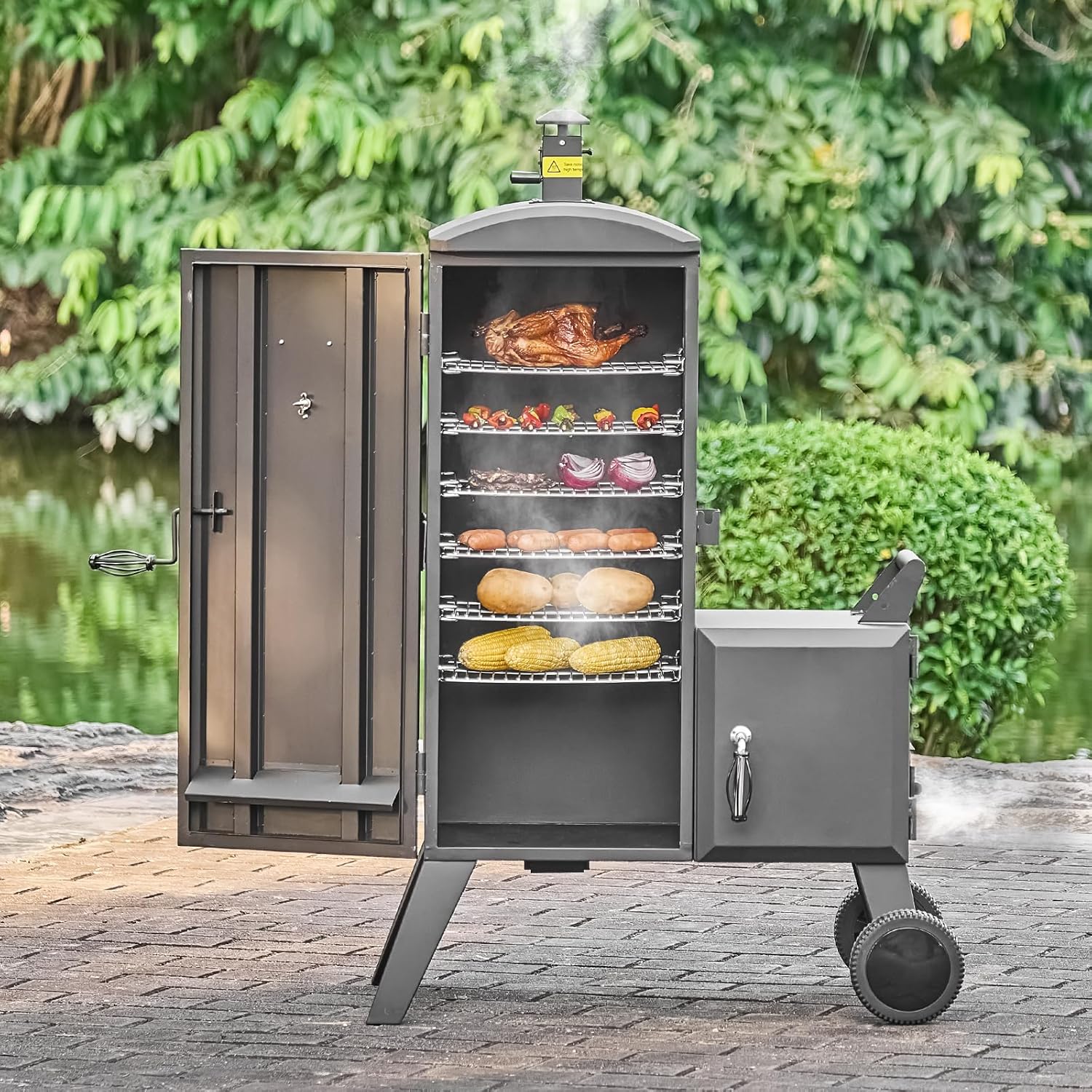 VEVOR Charcoal Offset Smoker, Heavy-Duty Steel BBQ Offset Smoker with Side Firebox, Movable Outdoor Barbecue Smokers with 6 Adjustable Grates