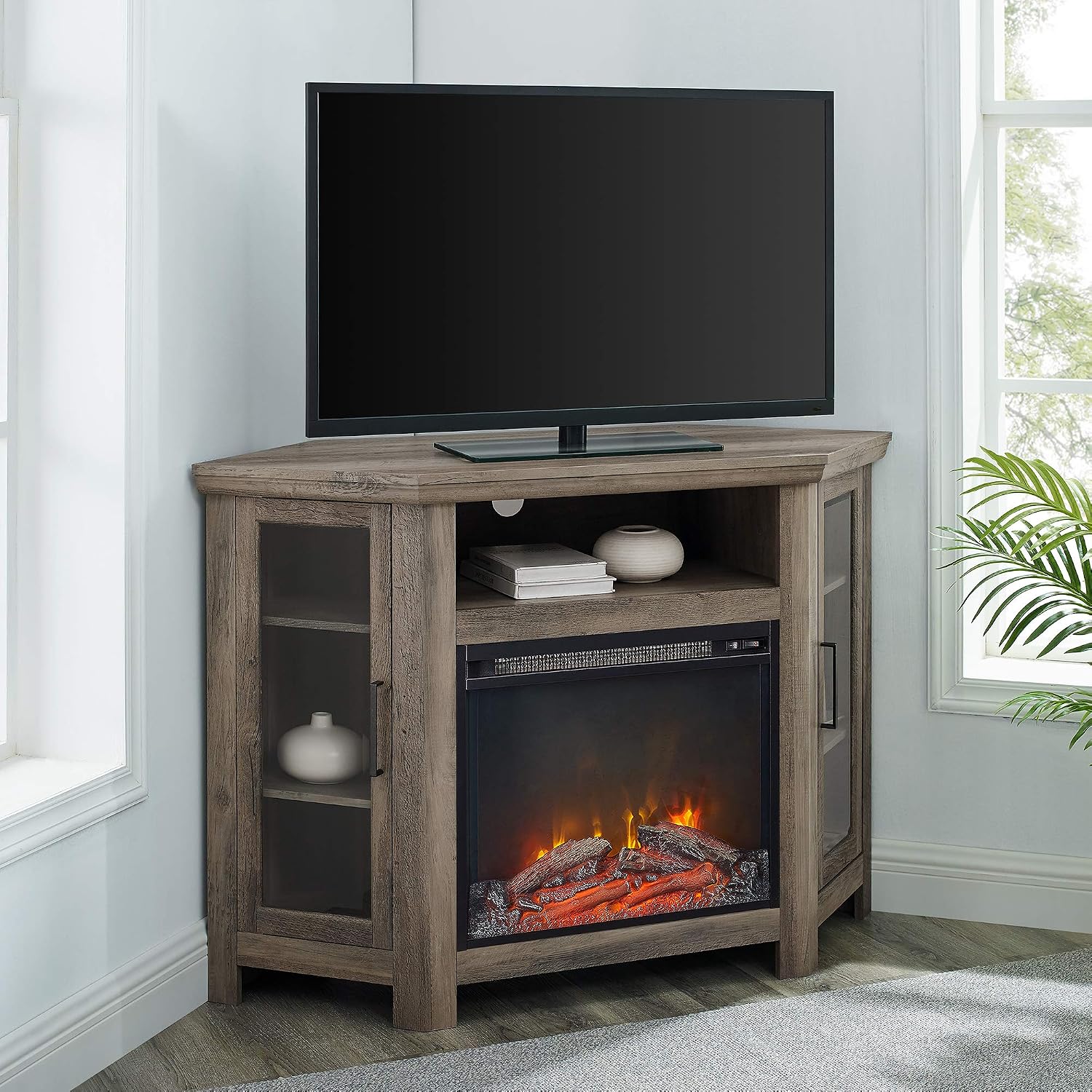 Walker Edison Alcott Classic Glass Door Fireplace Corner TV Stand for TVs up to 55 Inches, 48 Inch, White Oak