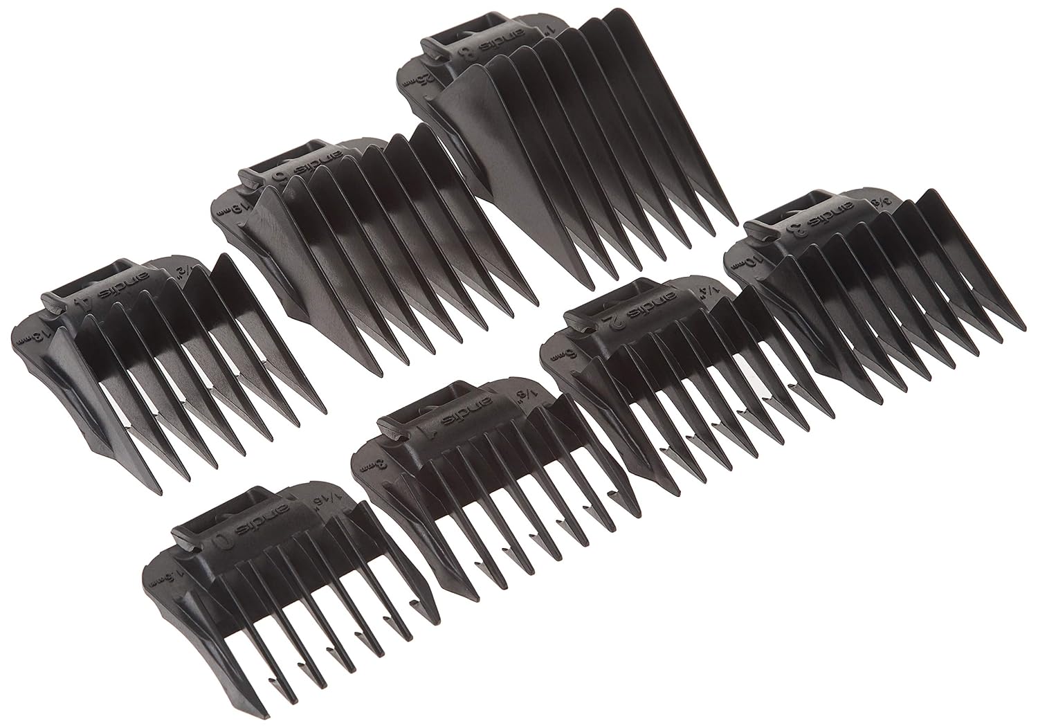 Andis 01380 7-Piece Snap-On Comb Set, Fits ML, GC & MBA Trimmers, Black | Comb sizes 0, 1, 2, 3, 4, 6, 8 (1/16in to 1in), durable snap-on design