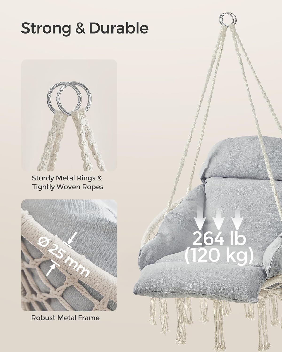 SONGMICS Hanging Chair, Boho Swing Chair with Large, Thick Cushion