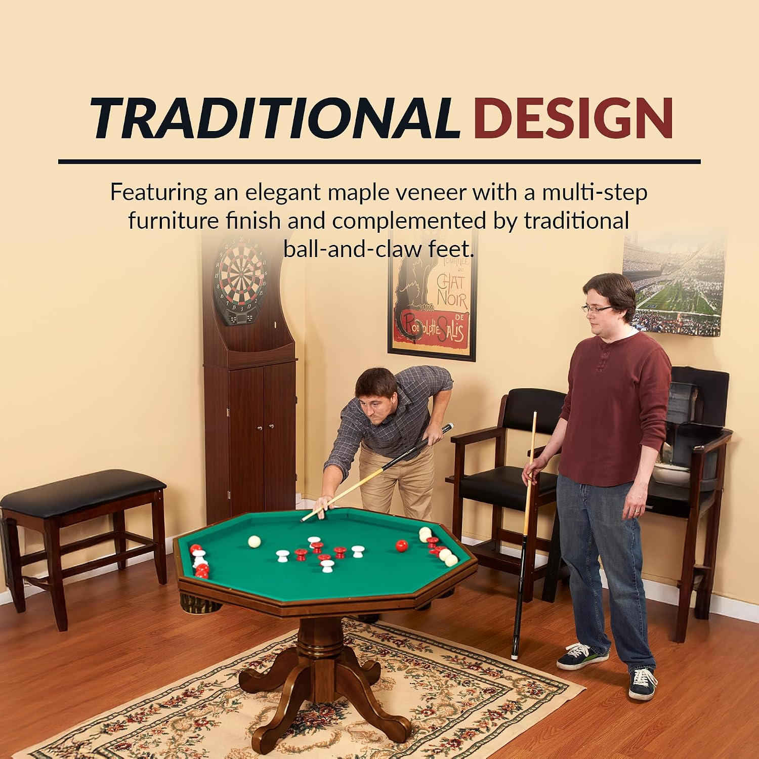 Hathaway Kingston 3 in 1 Octagon Poker Table, Dining & Bumper Pool Table for Game Rooms - Durable Hardwood, Sturdy Legs