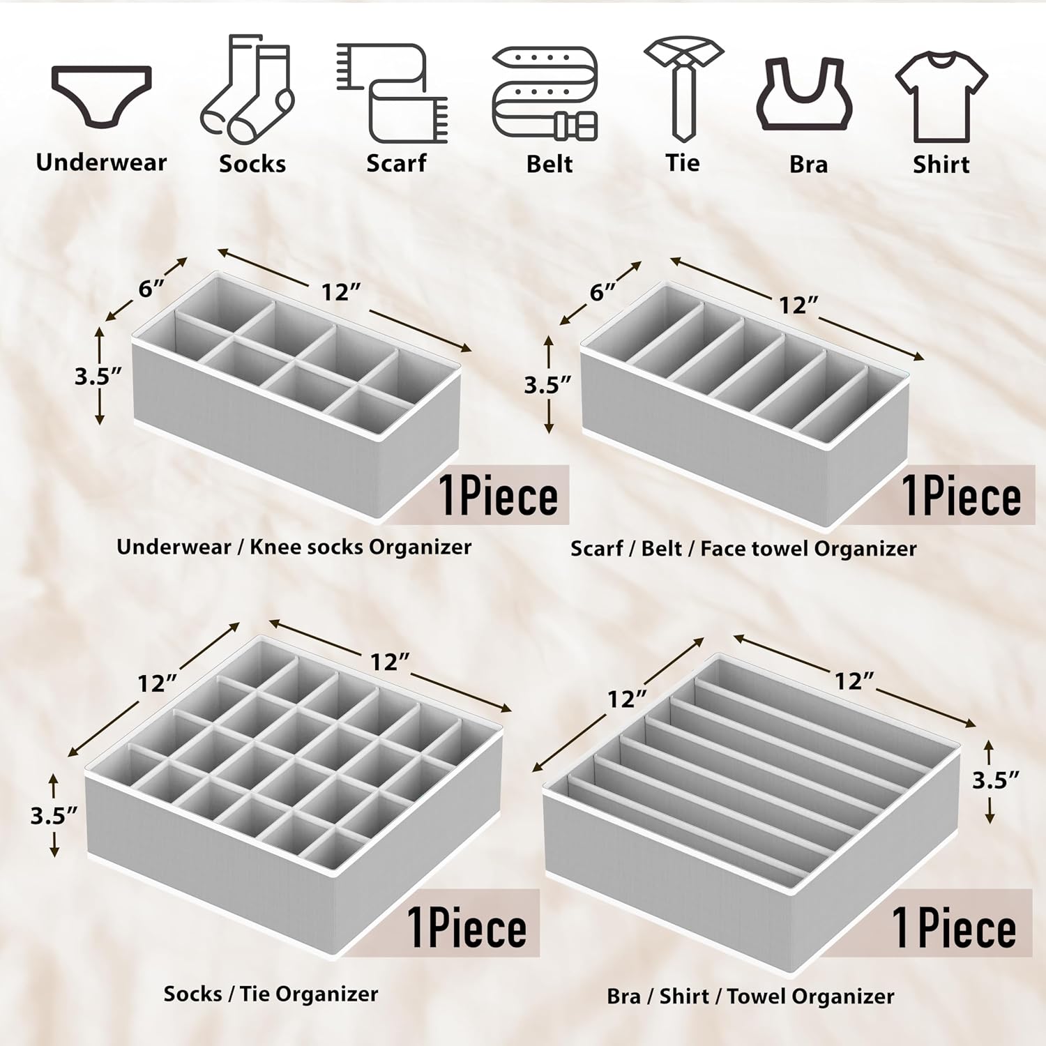 Simple Houseware 4-Pack Drawer Organizer Set for Underwear/Socks/Bra, Gray | Closet Dividers for Underwear, Socks, Bras, Scarves, Ties - Foldable Non-Woven Storage Boxes