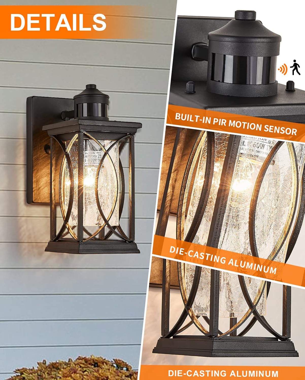 Dusk to Dawn Modern Outdoor Coach Lantern Exterior Light Fixtures Black Aluminum with Crack-Like Glass Waterproof Wall Sconce Mission Outside Light
