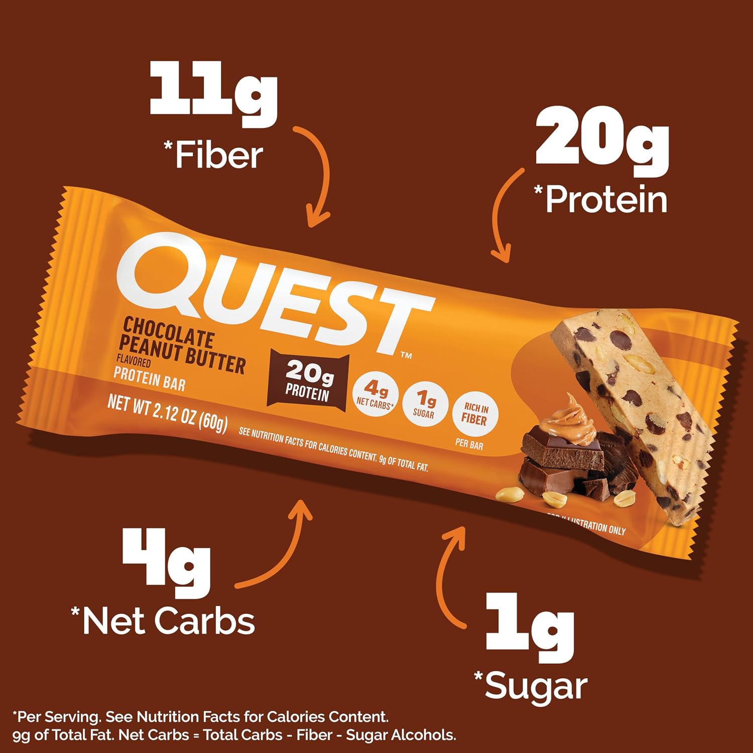 Quest Nutrition Oatmeal Chocolate Chip Protein Bars, 20g Protein, 12 Count | 12g Fiber, 5g Net Carbs, 1g Sugar, Gluten Free, High Quality Protein, Soft and Chewy, Individually Wrapped 2.12oz Bars