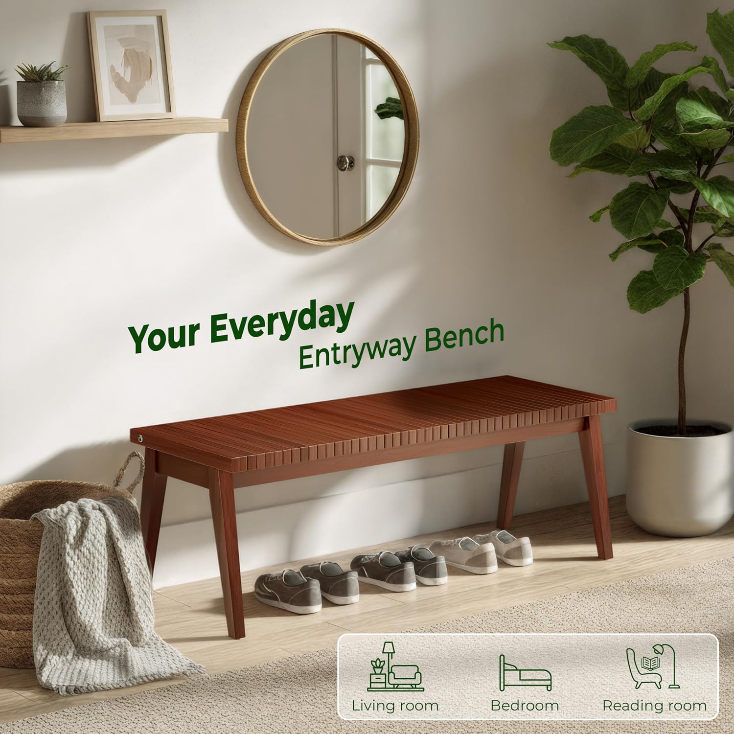 Melino Wooden Bench Outdoor 47" Convertible Acacia Wood Bench, Solid Wood Indoor Patio Benches for Outdoors