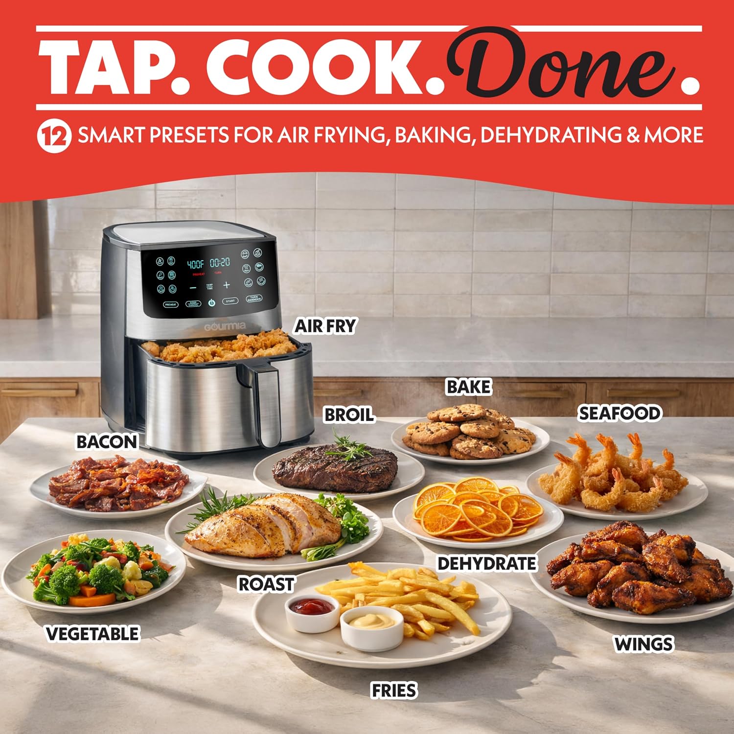 Gourmia Air Fryer Oven Digital Display 8 Quart Large AirFryer Cooker 12 Touch Cooking Presets