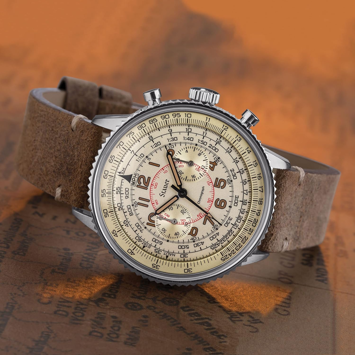 Stauer Co-Pilot Men's Chronograph Watch with Stainless Steel Case and Brown Leather Band