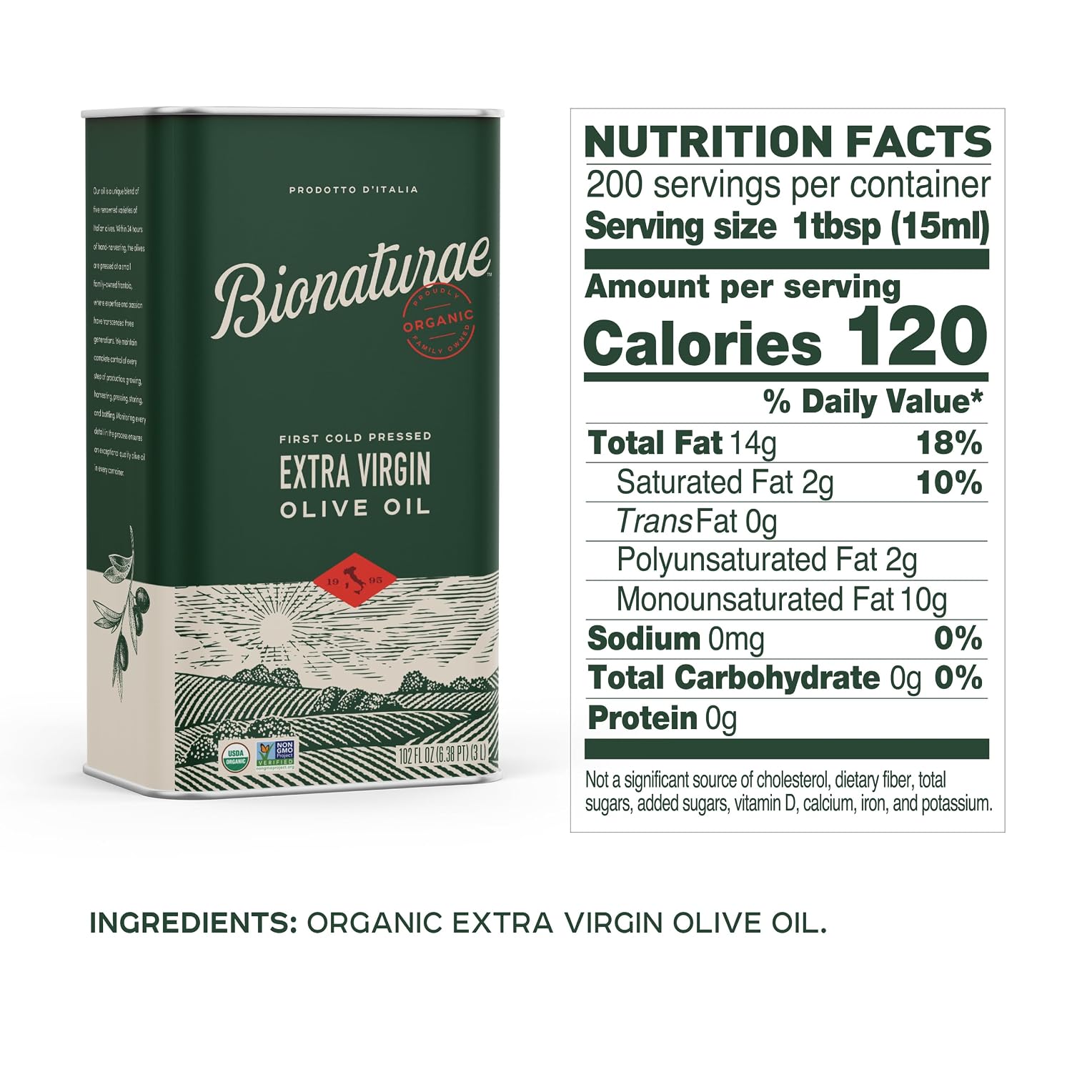 Bionaturae Extra Virgin Olive Oil - Organic Olive Oil, Non-GMO, USDA Certified Organic, Recyclable Glass, 100% Authentic Italian Olive Oil, Made in Italy - 17 Fl Oz