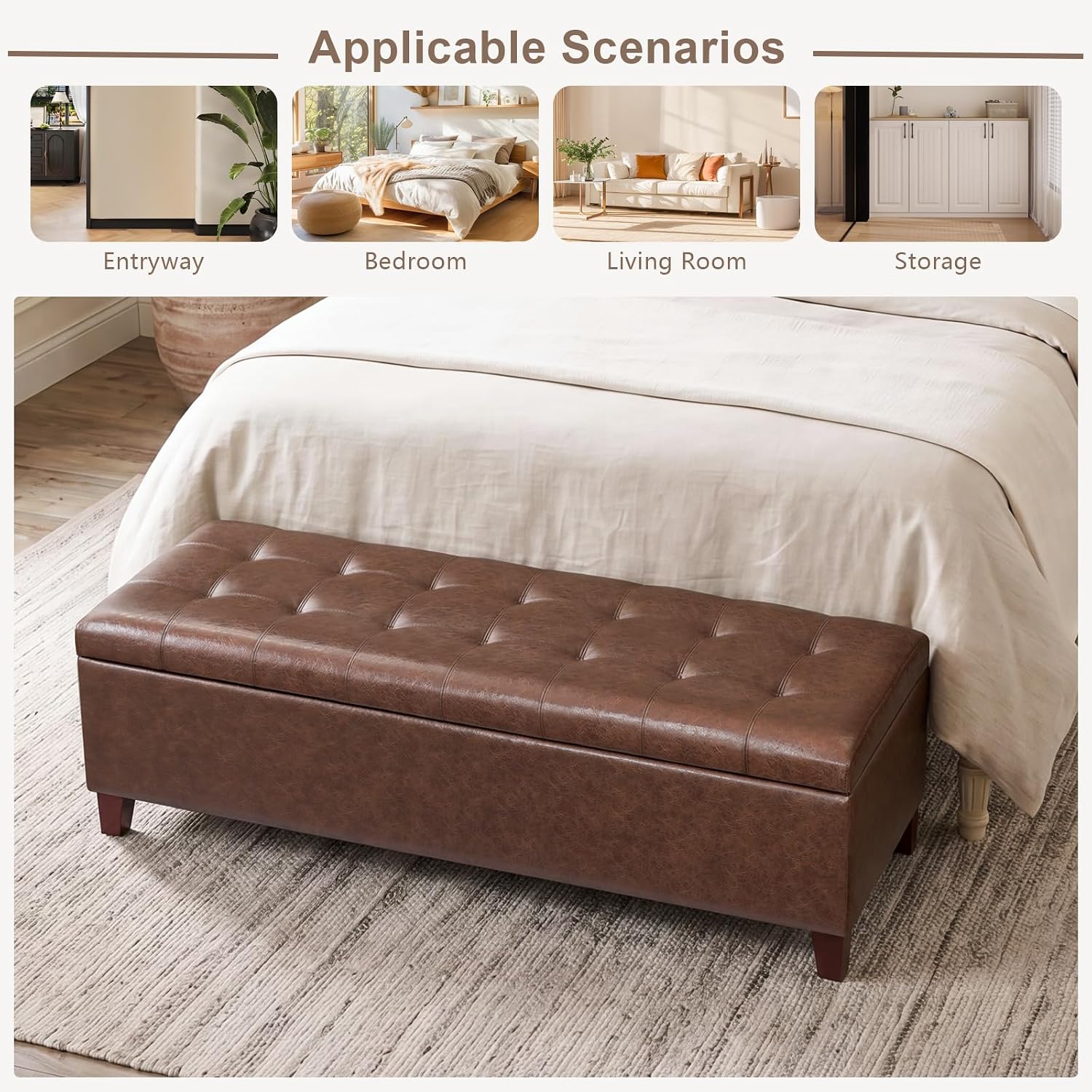 51 Inch Storage Bench,Leather Tufted Storage Ottoman with Legs | Safety Hinges,Wooden Legs,Upholstered,End of Bed,Bedroom,Living Room,Entryway,330LBS,Brown