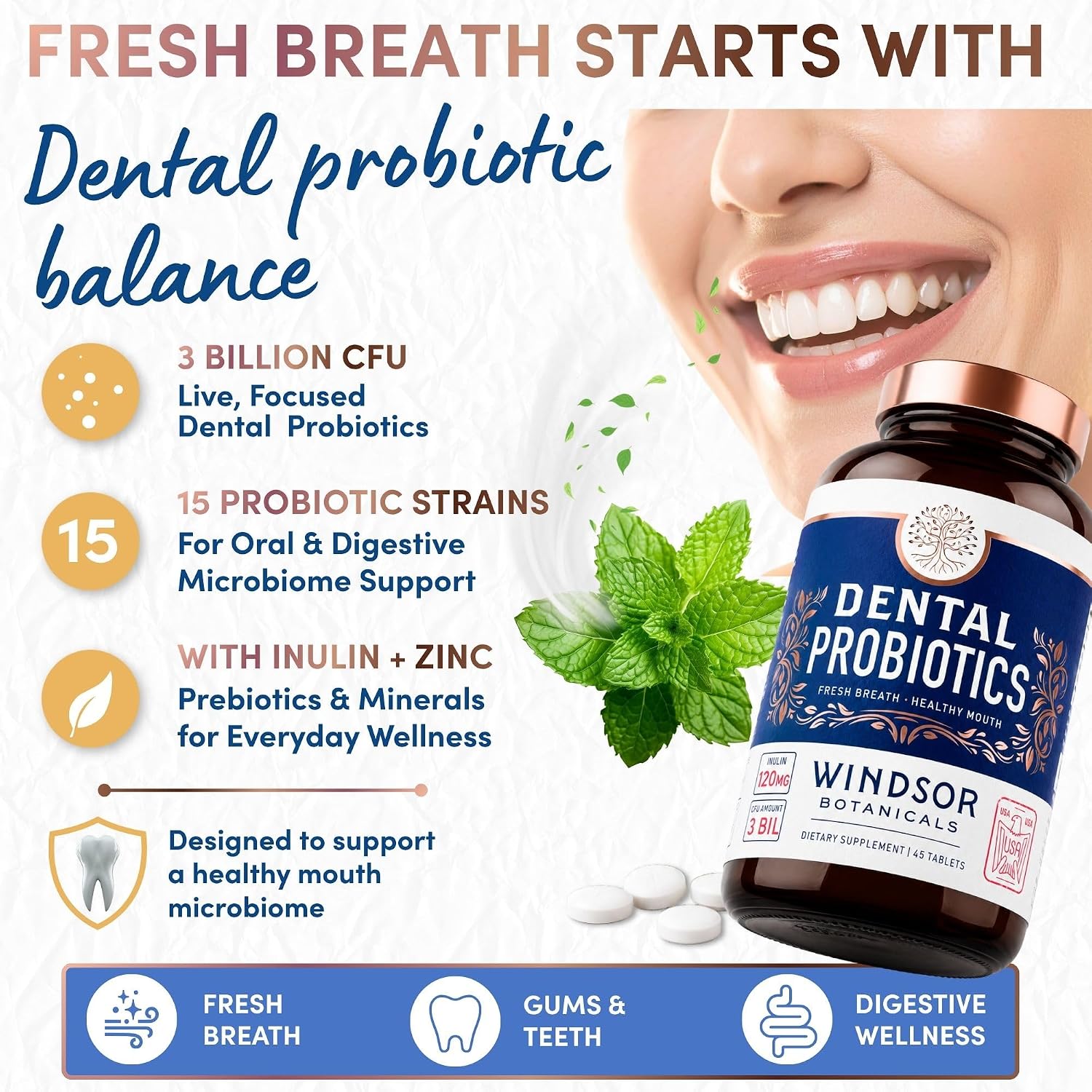 Oral Probiotics for Teeth and Gums - 3BN CFU Lactobacillus Salivarius Acidophilus Rhamnosus Streptococcus - Bad Breath Treatment for Adults - 45