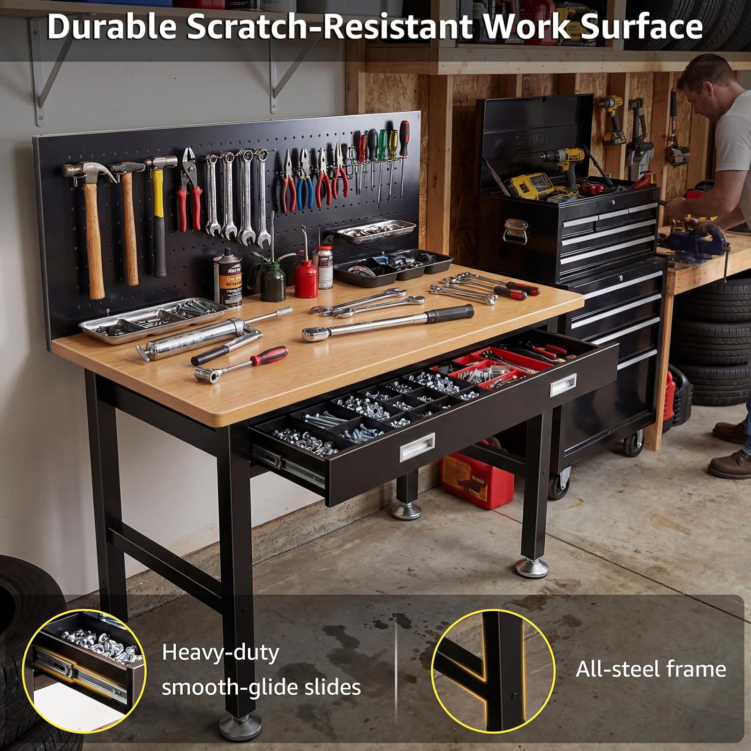 39.4" Workbench with Drawer and Pegboard - Heavy Duty Steel Garage Work Table, Small Tool Bench for Workshop, Woodworking, Crafting & Repair