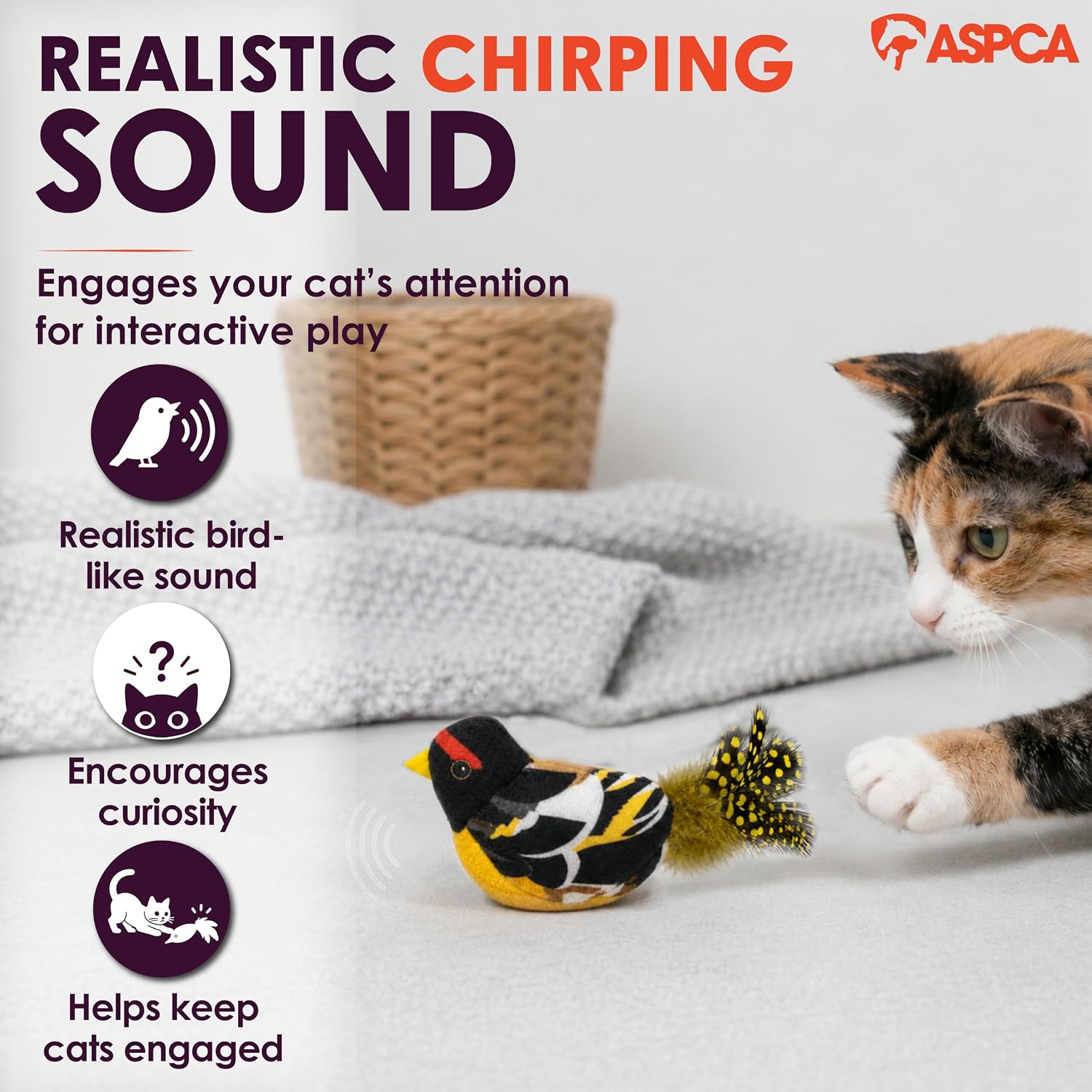 ASPCA Chirping Bird Cat Toy – Catnip-Infused Plush Bird Toy with Realistic Sound, Interactive Cat Toy for Indoor Cats, Encourages Pouncing, Batting & Natural Hunting Play