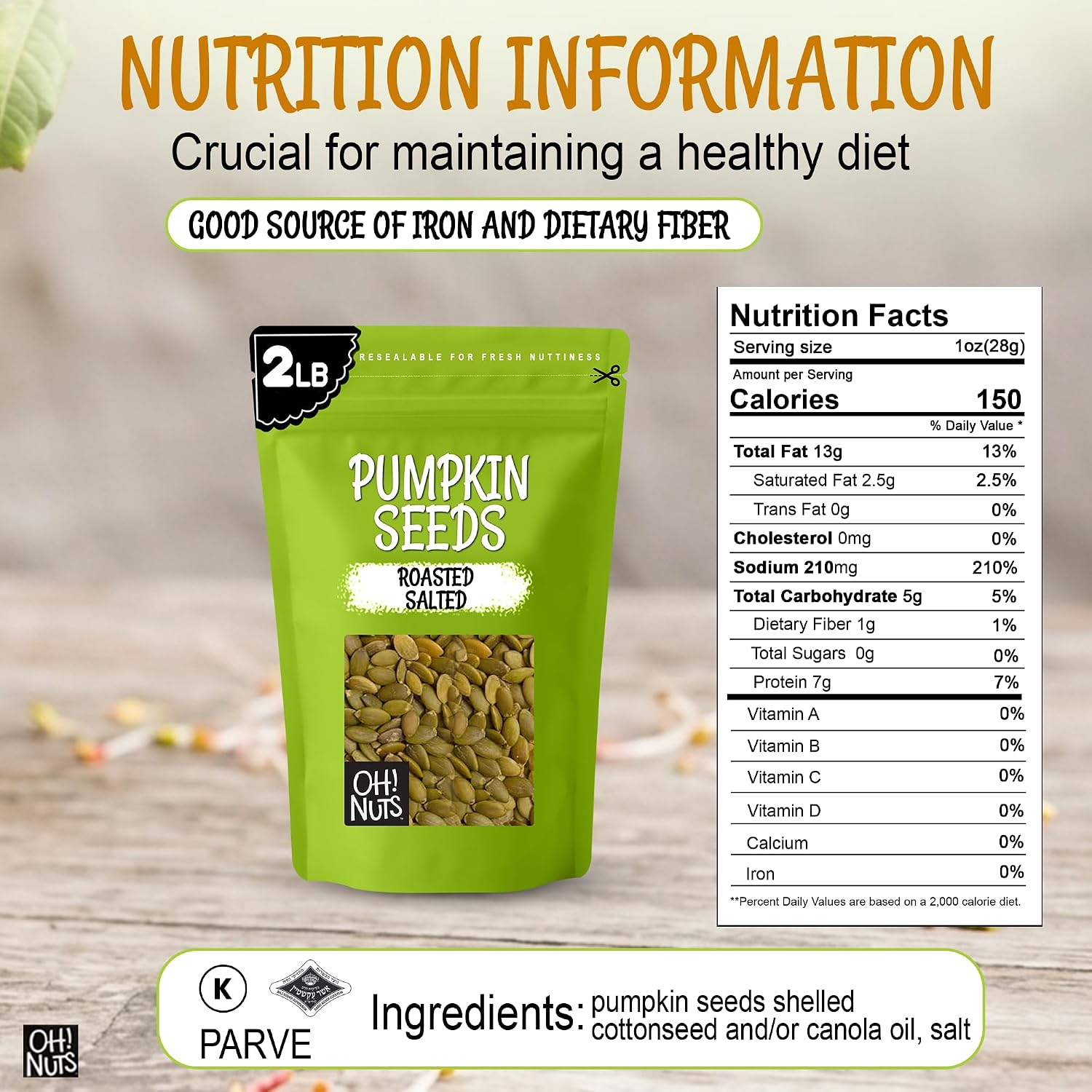 Oh! Nuts Roasted Pumpkin Seeds Salted Pepitas No Shell 2 Pound | Roasted salted pumpkin seeds no shell - Premium pepitas packed in NY - Resealable zip bag for freshness