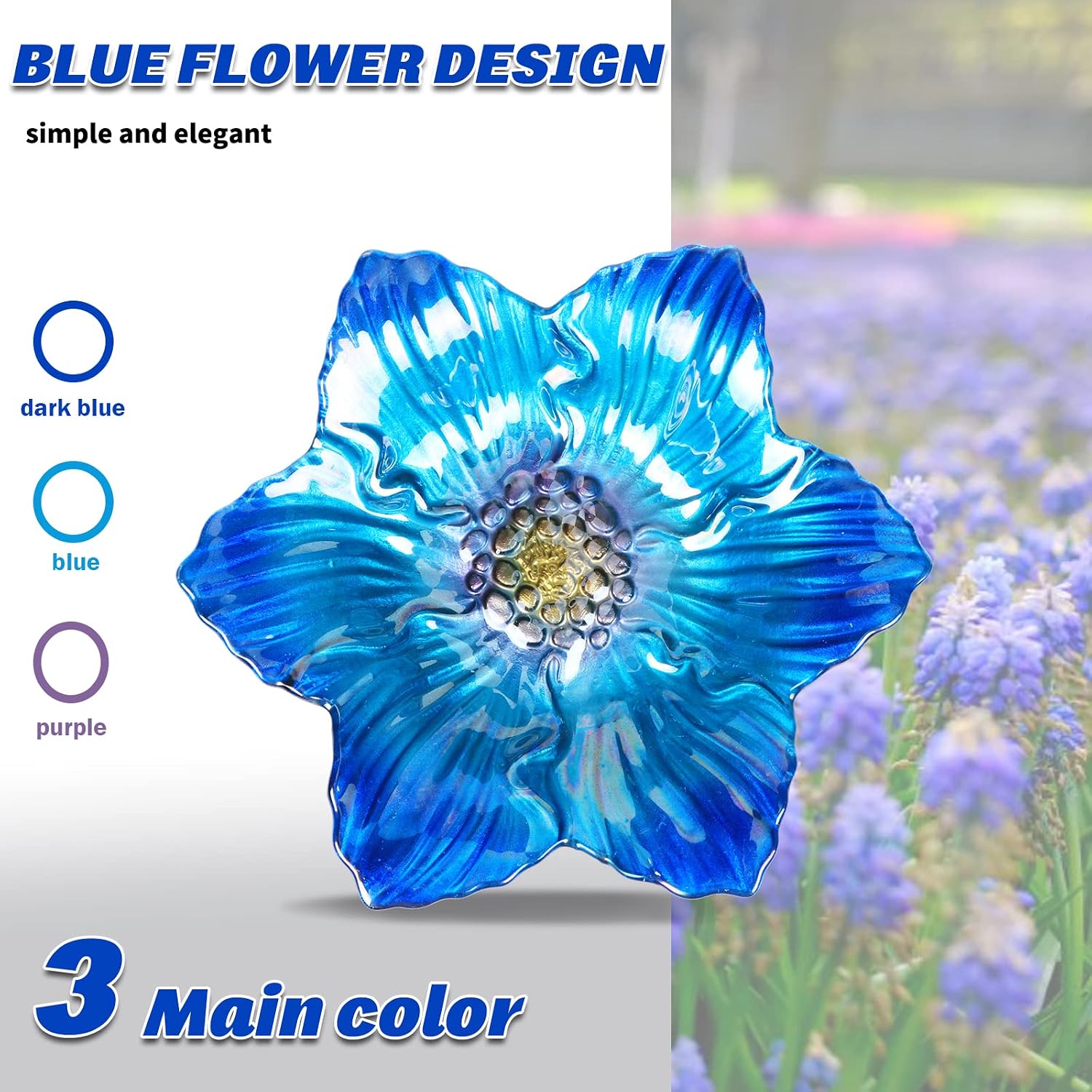 MUMTOP Glass Bird Bath Outdoor Birdfeeder Blue Flower Bowl with Metal Stake