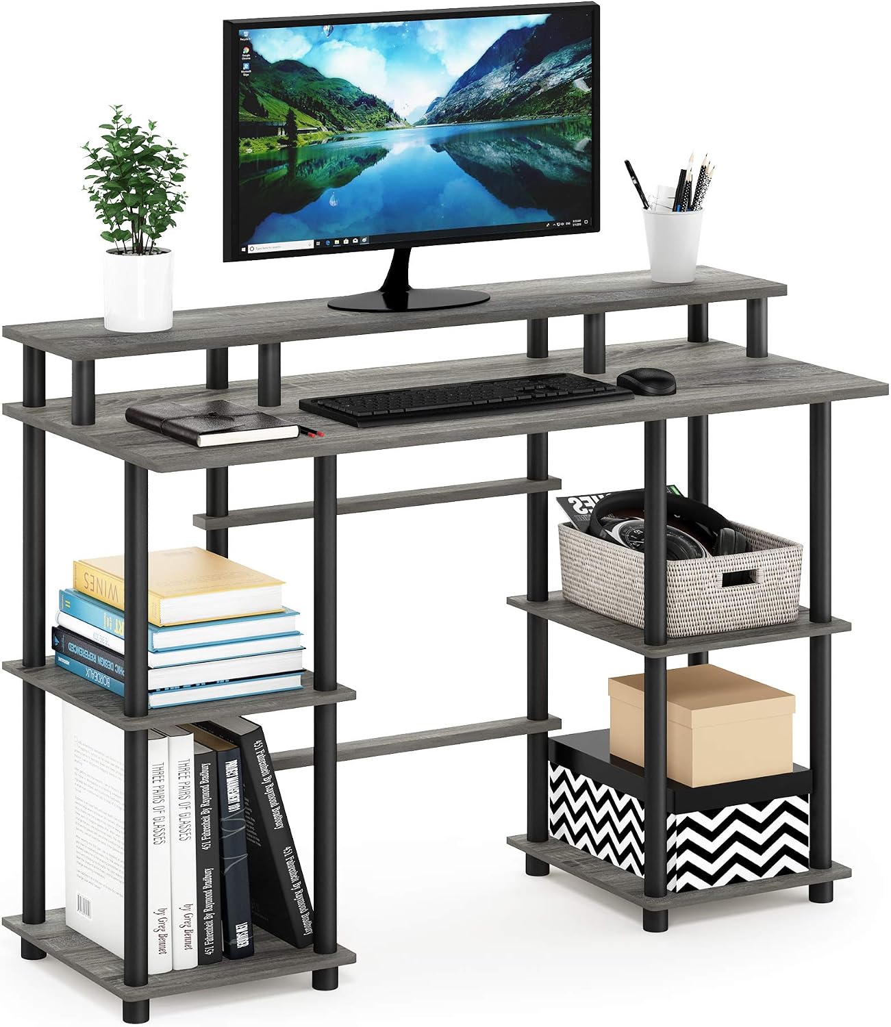 Furinno Turn-N-Tube Computer Desk, French Oak Grey/Black