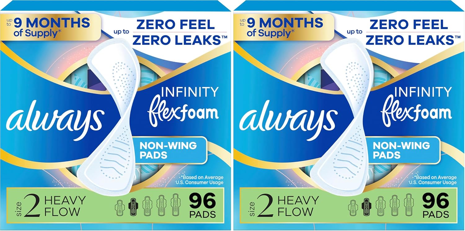 Always Infinity Feminine Pads for Women, Size 2 Heavy Flow Absorbency,with Flexfoam, with Wings, Unscented, 32 Count