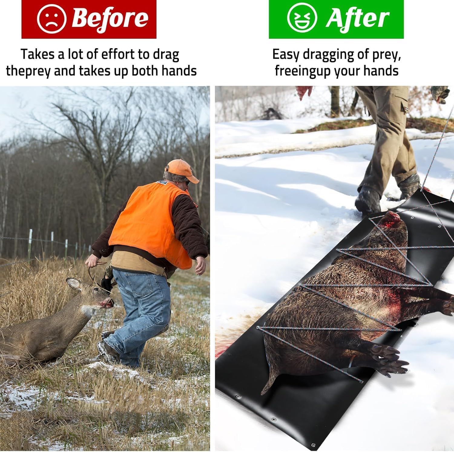 Deer Drag Sled Game Hauler Utility Snow Sled Deer Hunting Sled for Effortless Hauling of Ice Fishing Supplies, Firewood, Duck Hunting Gears, Fishing Equipment