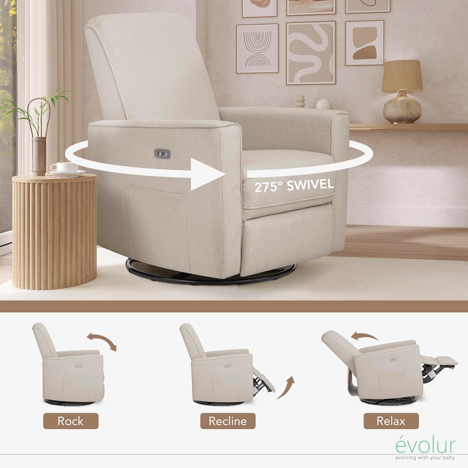 évolur Harlow Upholstered Power Glider Recliner with USB Charging – Rocking & 275° Swivel with Smooth Glide – Greenguard Gold & FSC