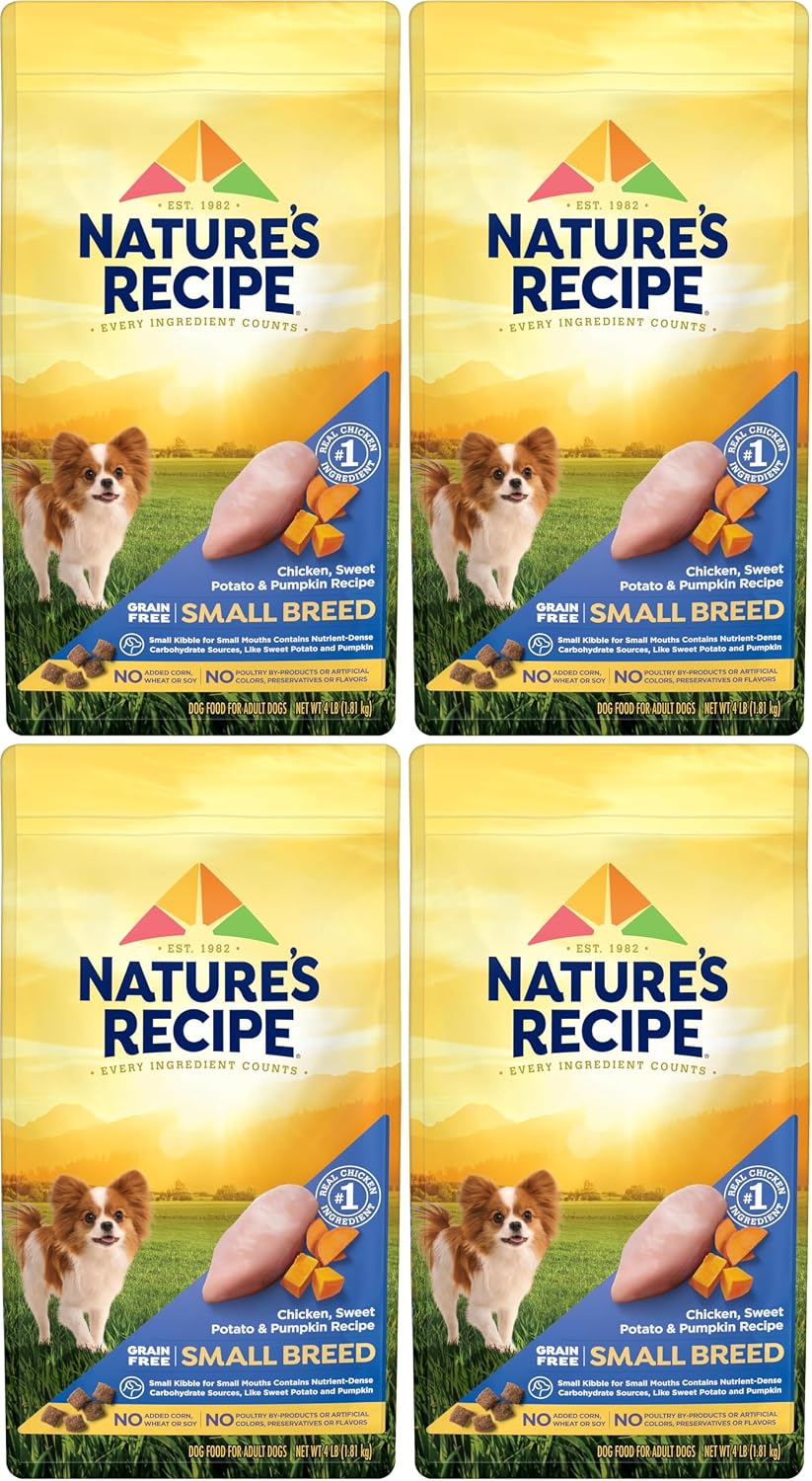 Nature's Recipe Grain Free Small Breed Dry Dog Food, Chicken, Sweet Potato & Pumpkin Recipe, 4 lb. Bag | Chicken, Sweet Potato & Pumpkin Recipe for Small Adult Dogs, Made with No Poultry By-Product Meal or Artificial Preservatives