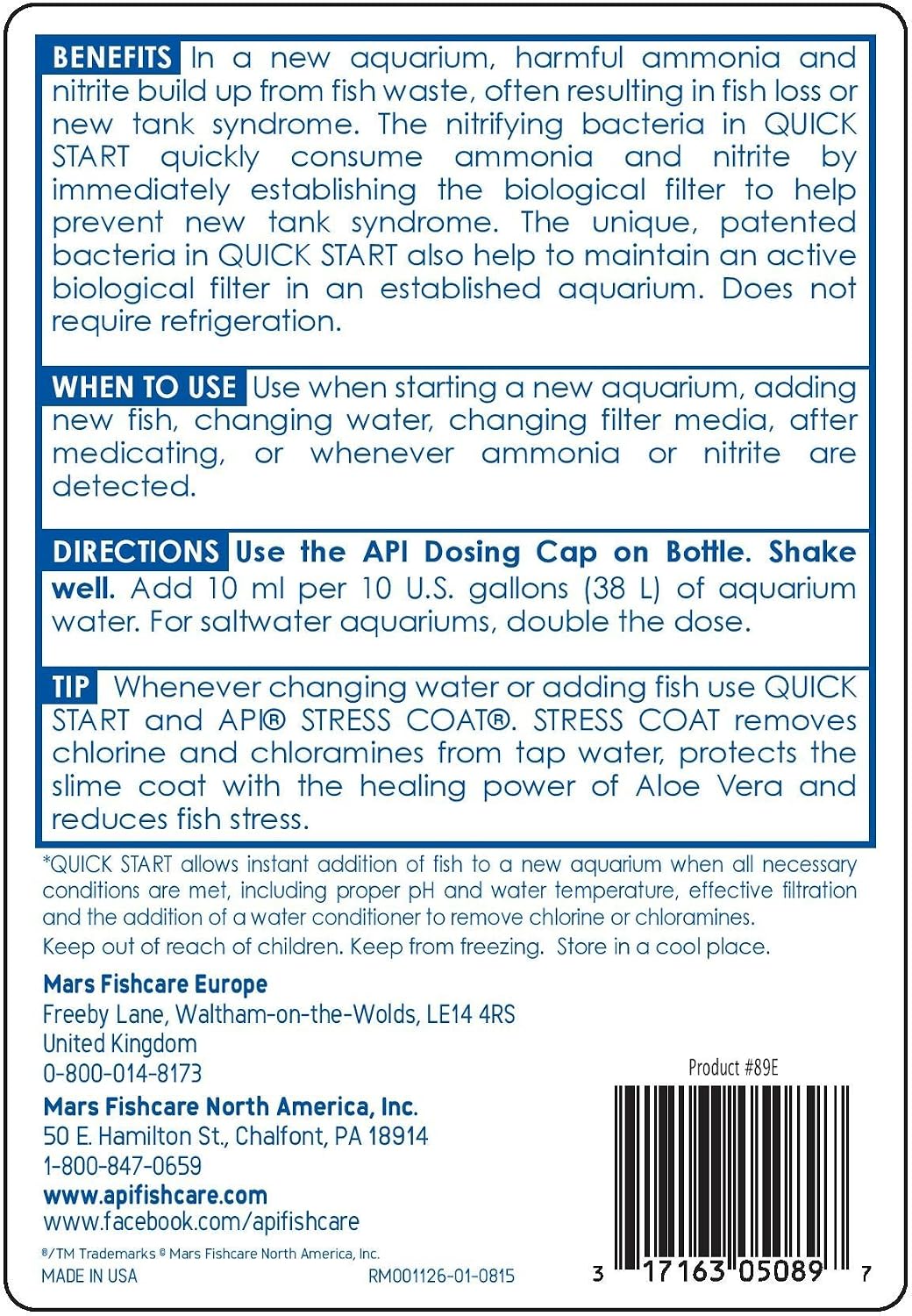 API QUICK START Freshwater and Saltwater Aquarium Nitrifying Bacteria 16-Ounce Bottle