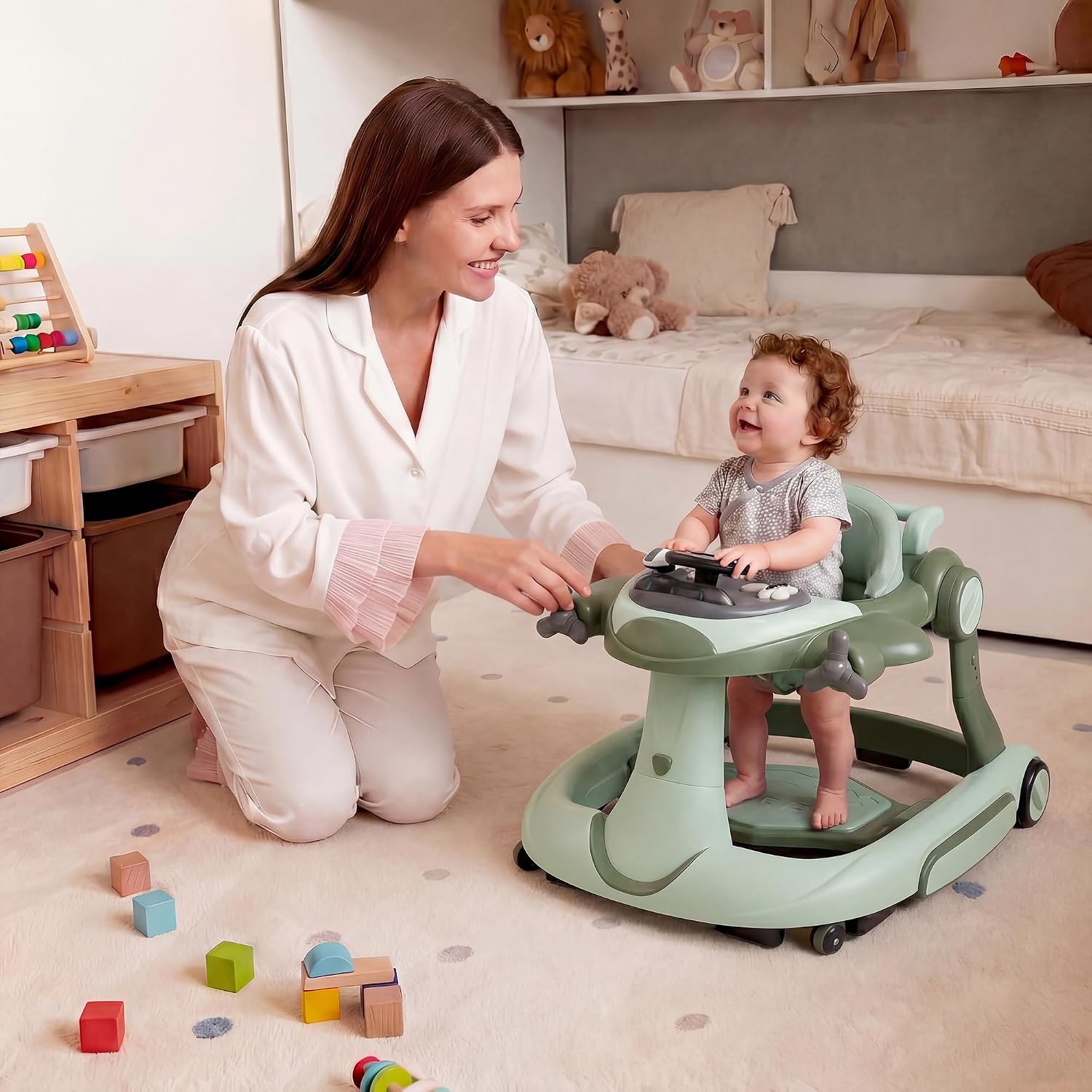 7 in 1 Foldable Baby Walker, Rock/Push Mode/Activity Center, Green | Adjustable Height & Speed, Music, Lights, Footrest, Detachable Play Toy Panel, Walker with Wheels for Infants 7-18 Months