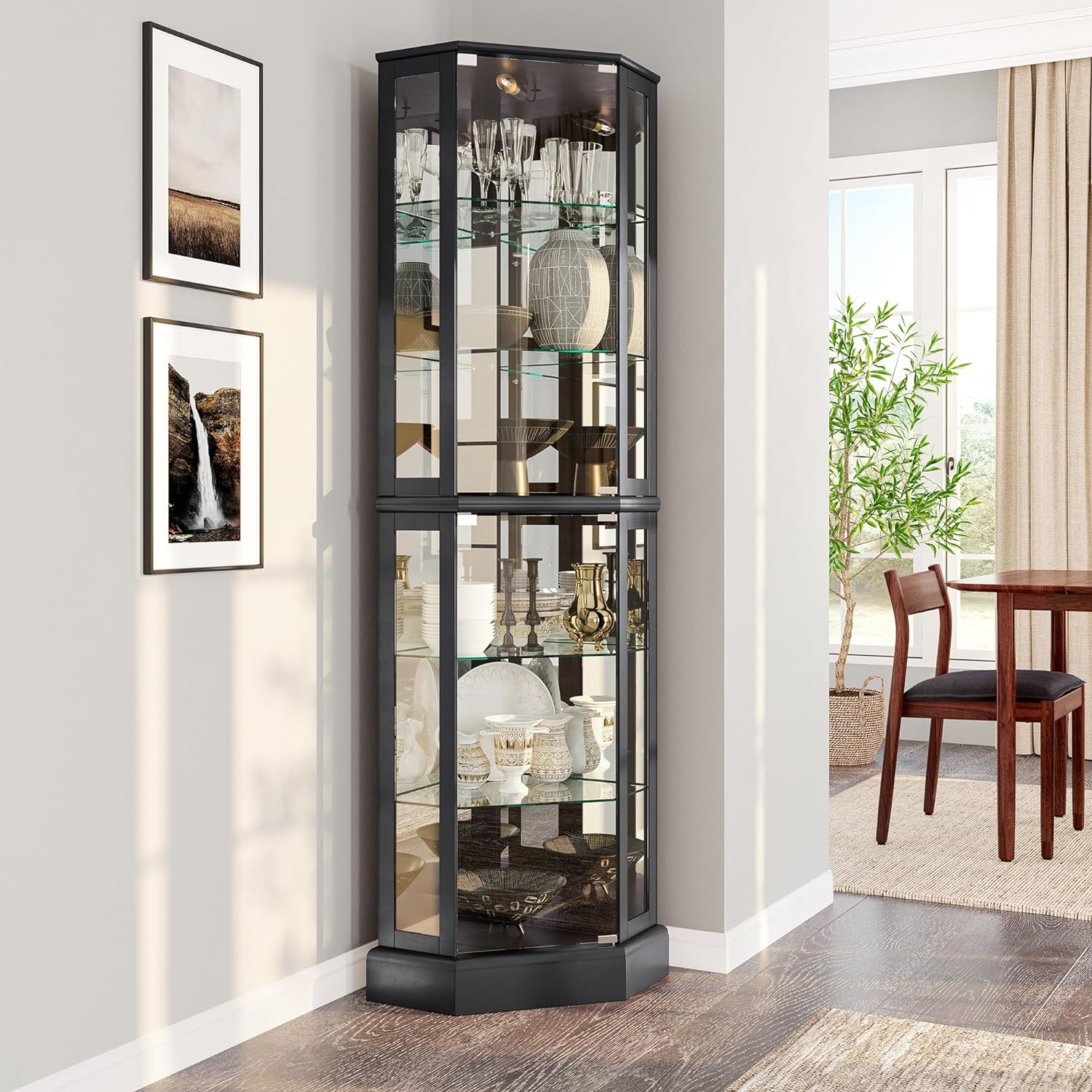 BELLEZE Lighted Corner Display Curio Cabinet Wooden Curved Shelving Unit with Tempered Glass Door