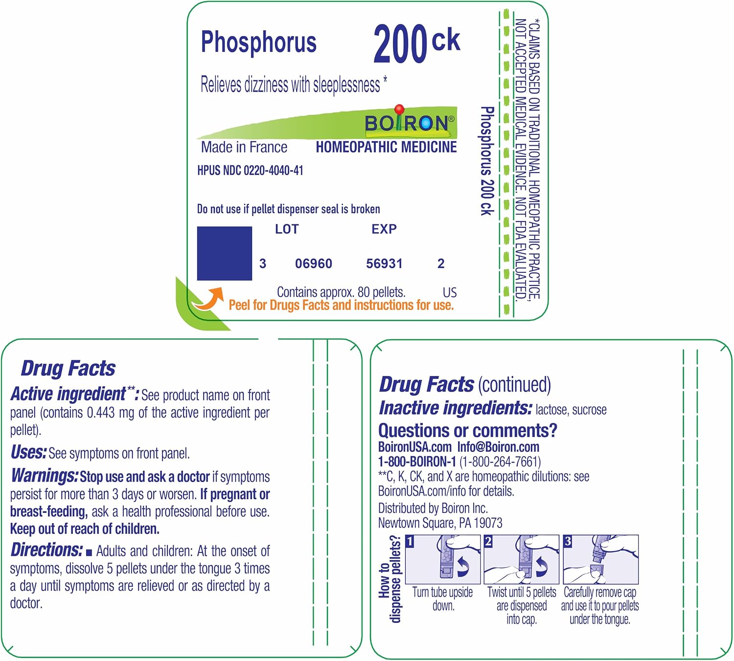 Boiron Phosphorus 200Ck Homeopathic Medicine for Dizziness - 80 Pellets | Single-medicine homeopathic pellets for Dizziness. Size: 80 Pellets.
