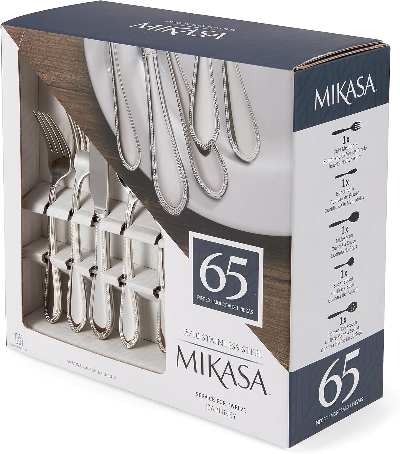 Mikasa, Virtuoso Frost Flatware Service for 12, 65 Piece Set, 18/10 Stainless Steel, Silverware Set with Serving Utensils