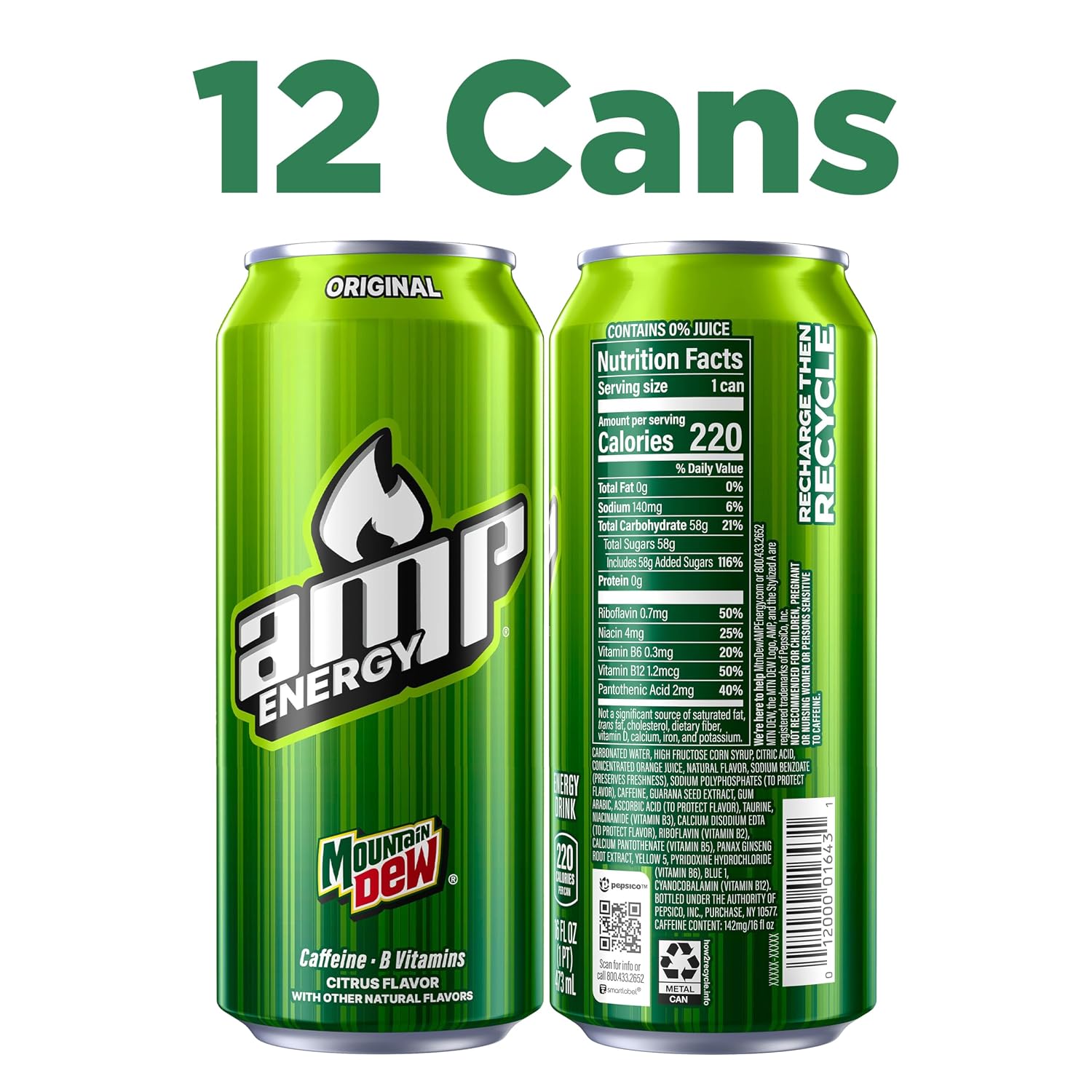 Mountain Dew AMP Energy Drink, Original, 16 fl oz cans (12 Pack) | Energy Drink with Caffeine & B Vitamins, Packaging May Vary