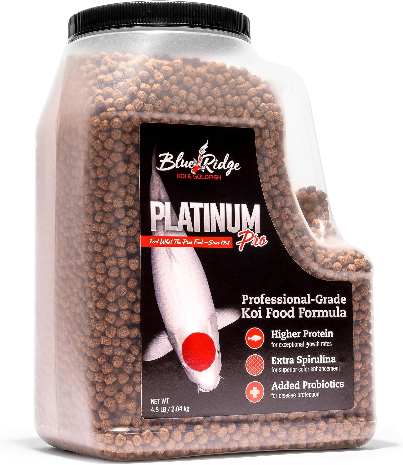 Blue Ridge Koi Platinum Pro 41% Protein Fish Food, 3/16" Pellets, 4.5 lb | Floats, softens fast; Spirulina & Canthaxanthin color support; probiotic-enriched; warm-season formula