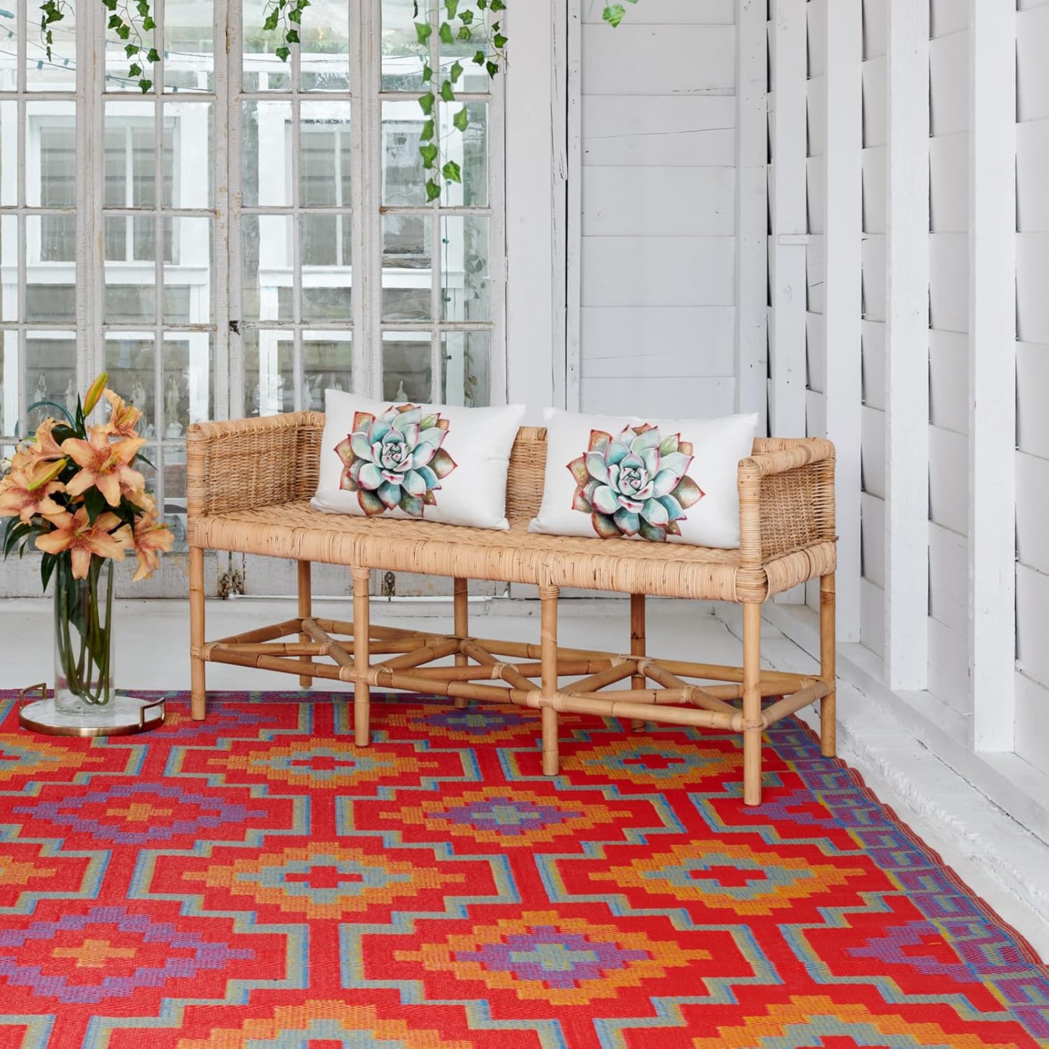 Fab Habitat Outdoor Rug - Waterproof, Fade Resistant, Crease-Free - Premium Recycled Plastic - Geo Tribal - Porch, Deck, Balcony, Mudroom