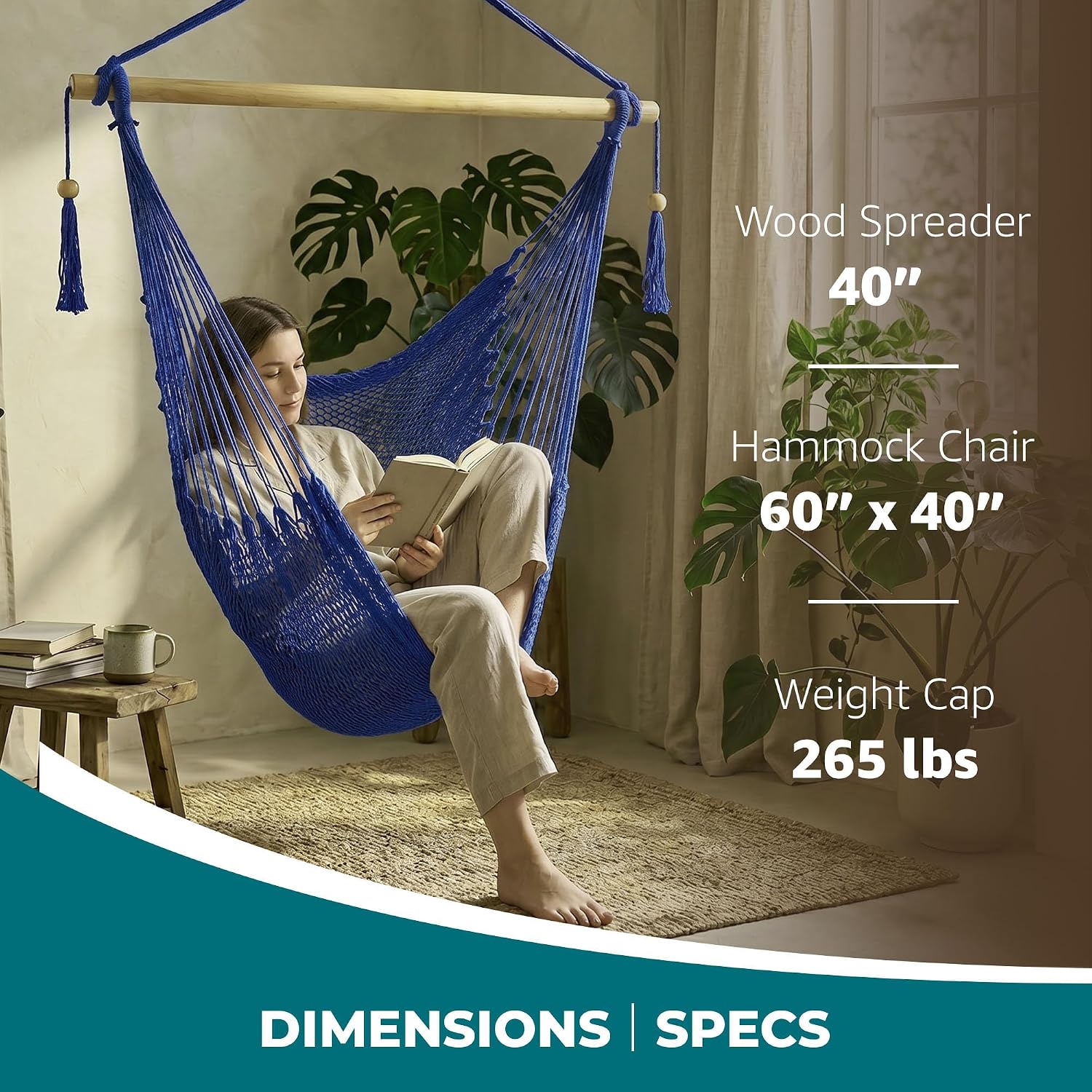 Bliss Hammocks BHC-412NT Island Rope Hammock Chair, Eco Friendly & Hand Woven, Varnish Coated 40 Inch Wood Spreader, Easy to Hang w/Included Hanging Kit, Supports up to 265 pounds, Natural Rope