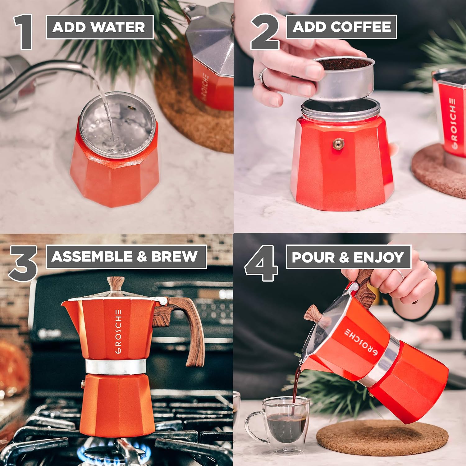 GROSCHE Milano Moka Pot | 9 Espresso Cup - 15.2 oz | Stovetop Espresso Percolator & Coffee Maker – Portable, Ideal for Home and Camping | Cuban Coffee Maker And Italian Moka Pot For Stovetop Espresso; For Gas, Electric, And Propane Stoves With A Soft-Tou…