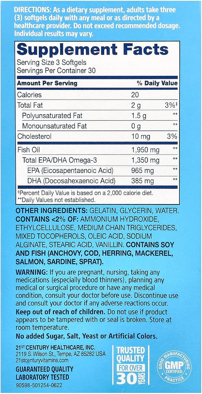 21st Century Alaska Wild Fish Oil Softgels, Mega Omega-3, Enteric Coated, 90 Count | Alaska Wild Fish Oil with omega-3 EPA & DHA, Heart, Joint
