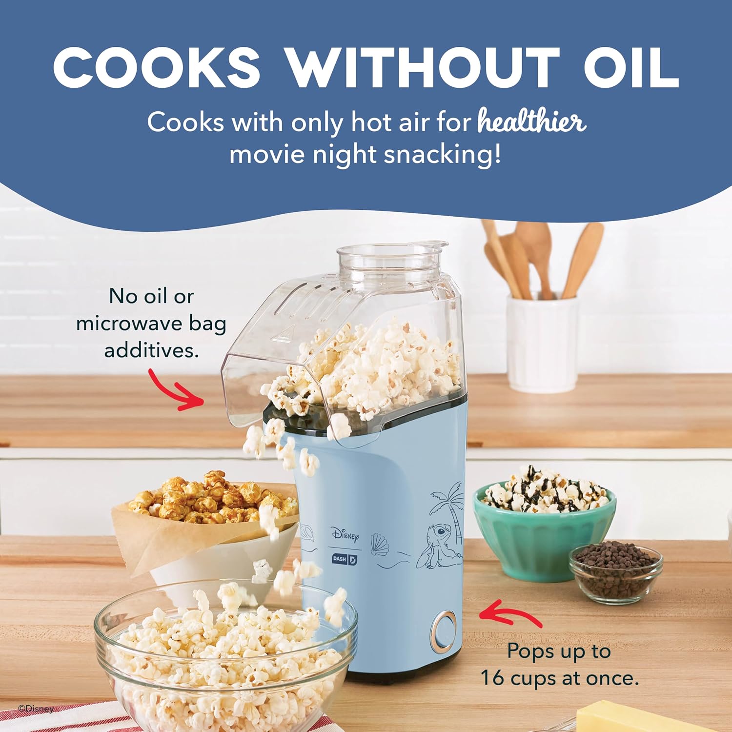 Dash Fresh Pop Popcorn Maker, 16-Cup Hot Air Popper, Aqua | Electric Popcorn Machine, Oil-Free Air Popped Popcorn, Built-In Measuring Cup & Butter Melting Tray, Movie Night Snacks