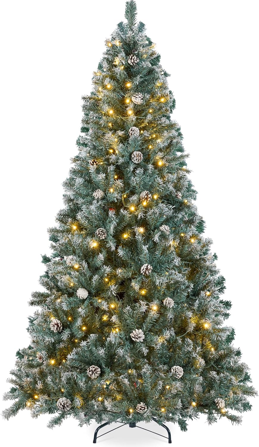 Best Choice Products 7.5ft Pre-Lit Pre-Decorated Pine Artificial Christmas Tree w/Twinkling LEDs, 1, 346 Flocked Frosted Tips, 80 Pinecones