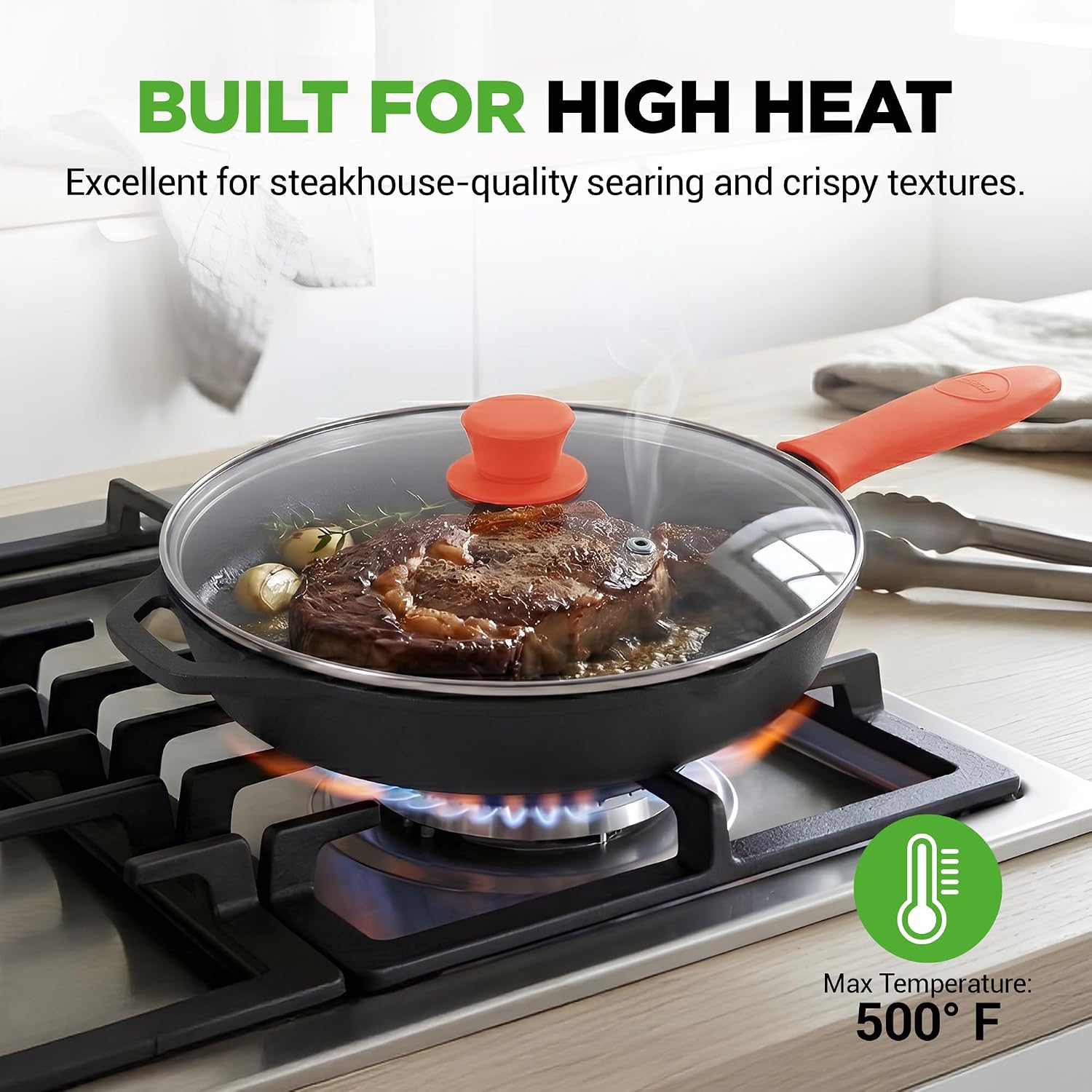 NutriChef 10 Inch Cast Iron Skillet with Lid - Pre-Seasoned Small Fry Pan with Side Drip Spout and Silicone Handle